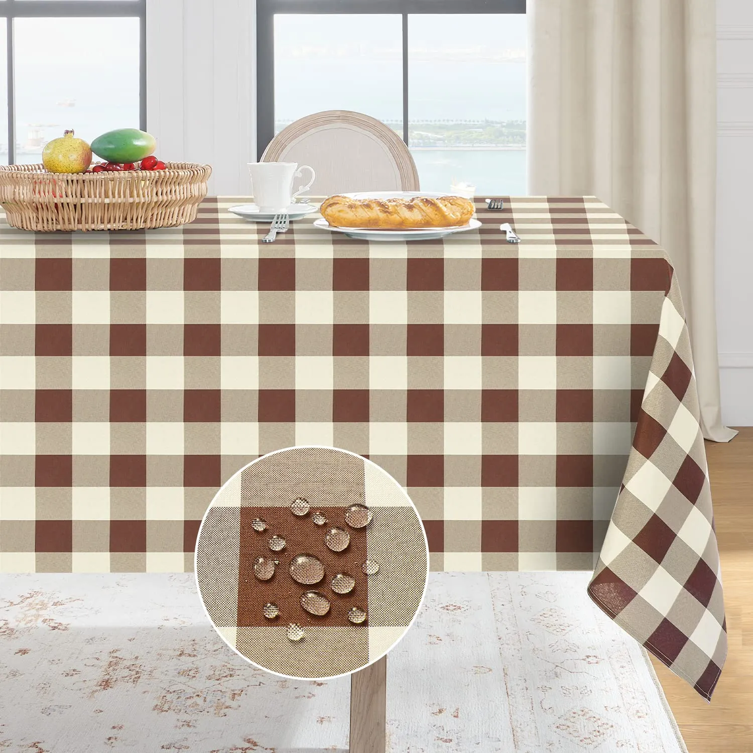 Softalker Tovaglia Quadrata a Quadretti Impermeabile, Caffè e Bianco, 137 x 137 cm - immagine 1