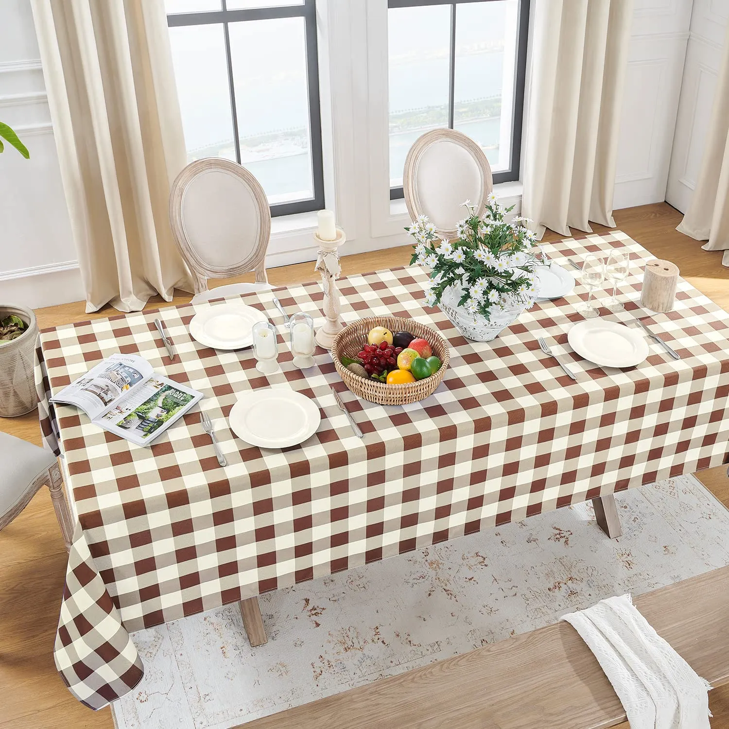 Softalker Tovaglia Quadrata a Quadretti Impermeabile, Caffè e Bianco, 137 x 137 cm - immagine 2