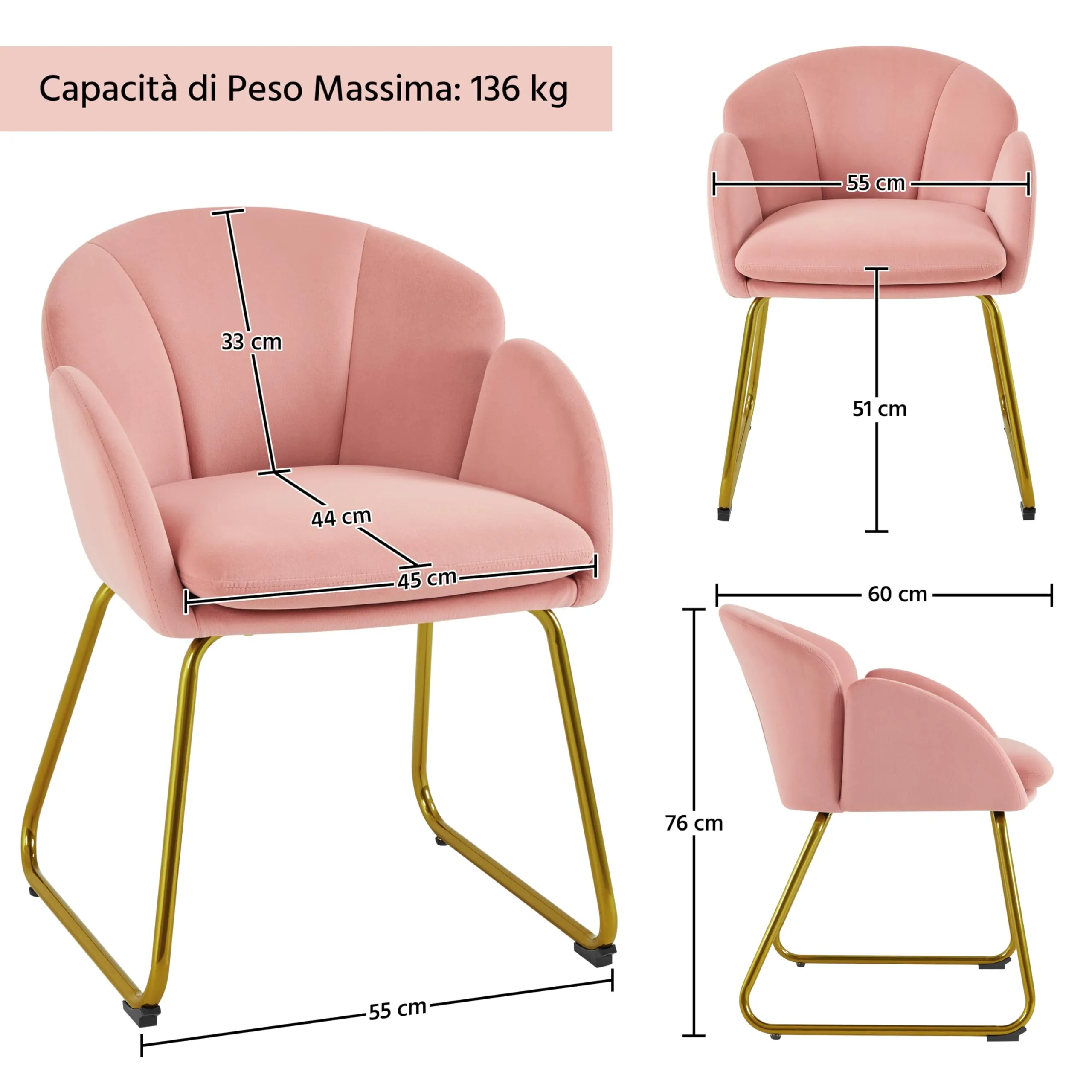 Yaheetech Poltrona Soggiorno Imbottita in Velluto con Schienale Circolare e Gambe in Metallo, Rosa - immagine 3