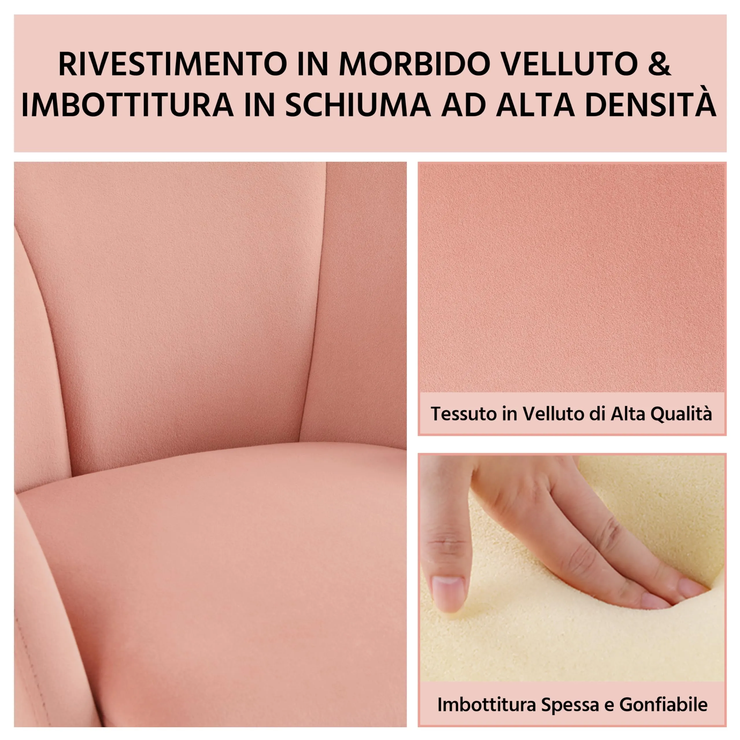Yaheetech Poltrona Soggiorno Imbottita in Velluto con Schienale Circolare e Gambe in Metallo, Rosa - immagine 4