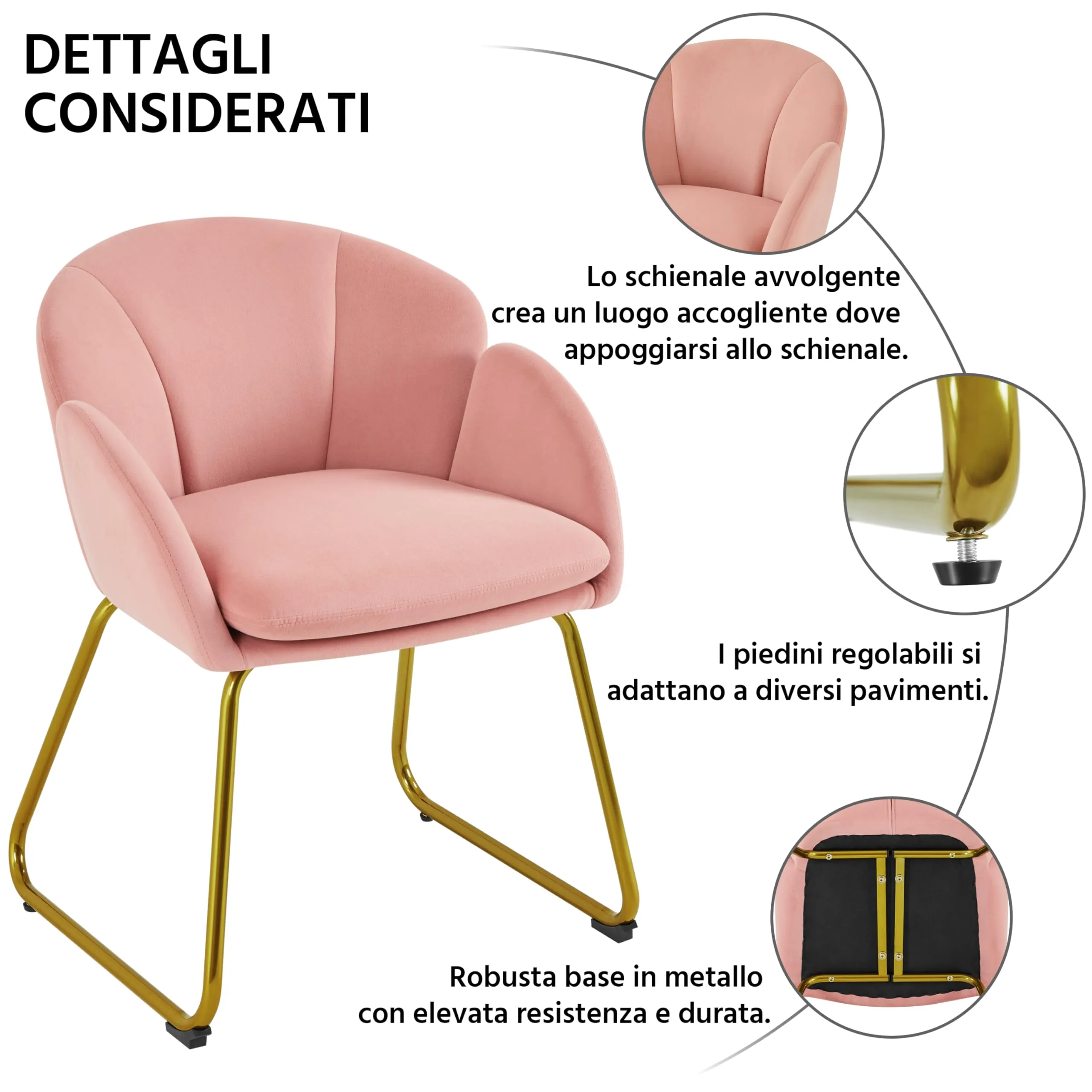Yaheetech Poltrona Soggiorno Imbottita in Velluto con Schienale Circolare e Gambe in Metallo, Rosa - immagine 5