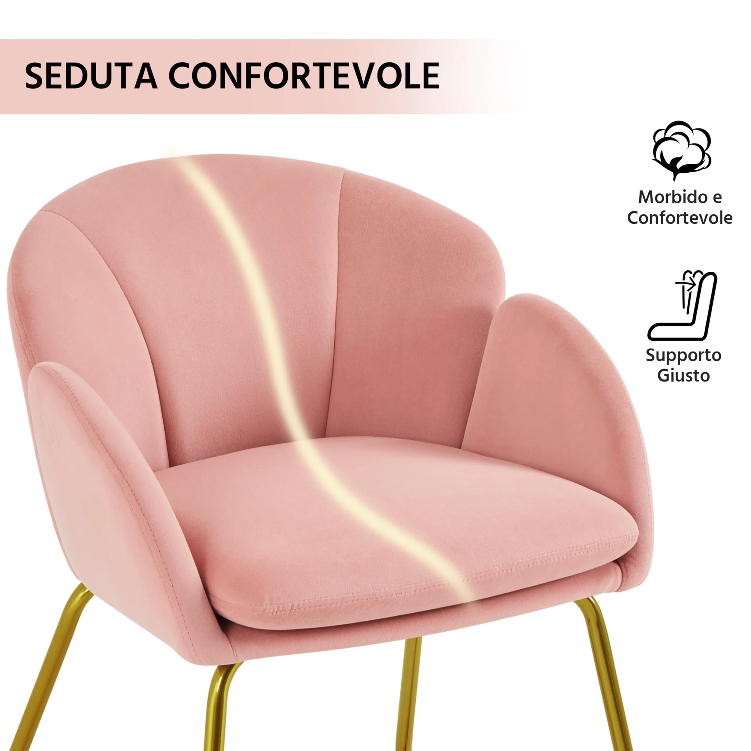 Yaheetech Poltrona Soggiorno Imbottita in Velluto con Schienale Circolare e Gambe in Metallo, Rosa - immagine 9