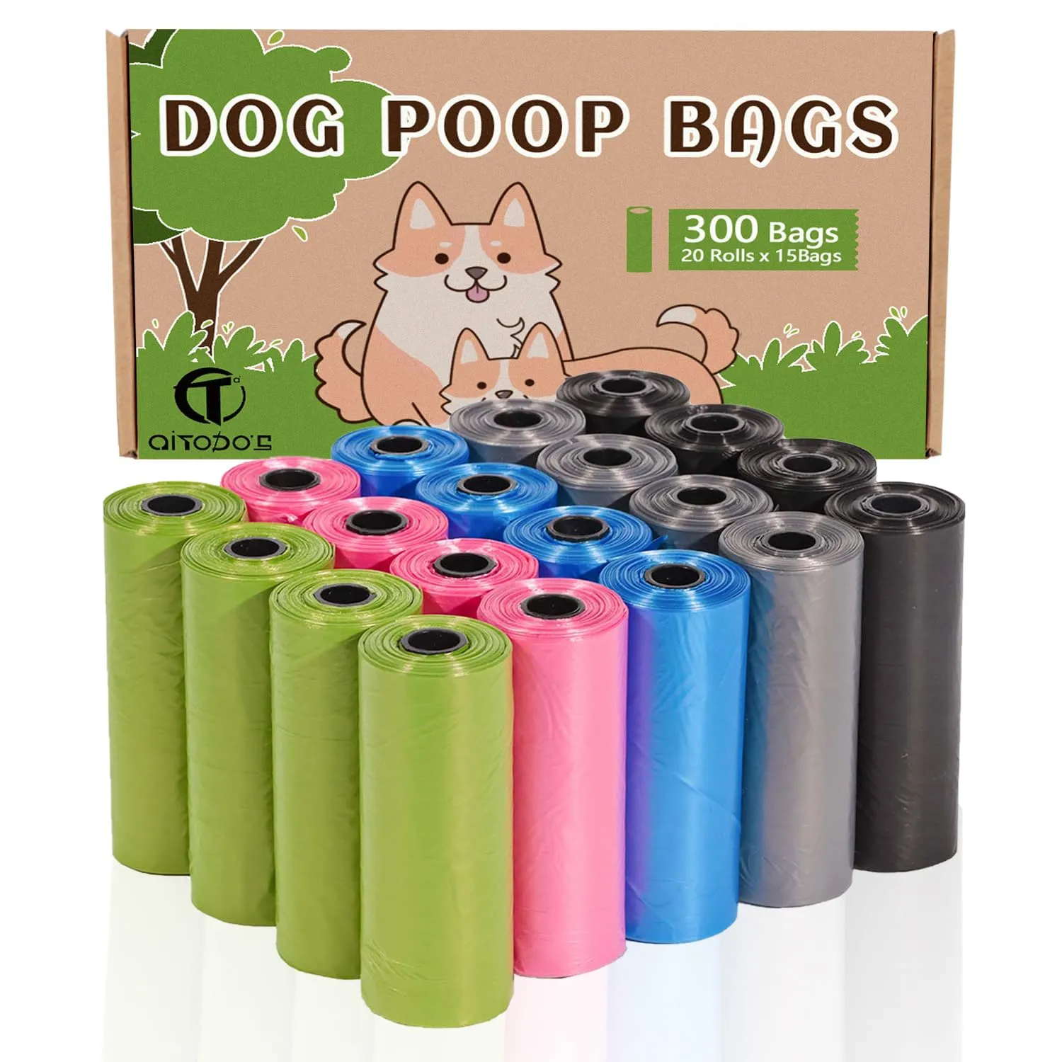 AiTodos Sacchetti per Cacca di Cane, 31x22 cm, PE, 5 Colori, 300 Pezzi (20 Rotoli x 15) - immagine 1