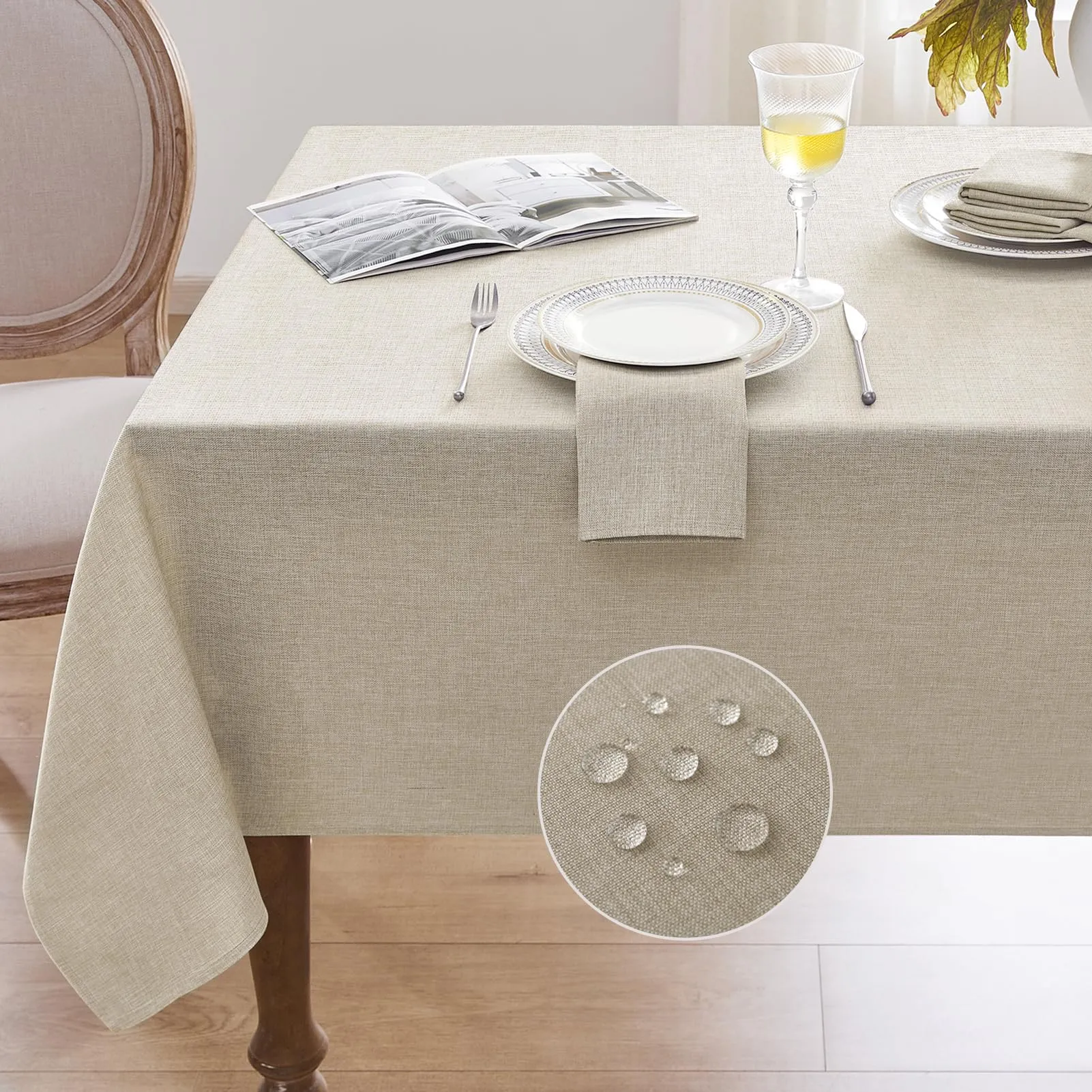 Softalker Tovaglia rettangolare in finto lino, impermeabile e antimacchia, 152,4 x 213,4 cm, beige - immagine 1