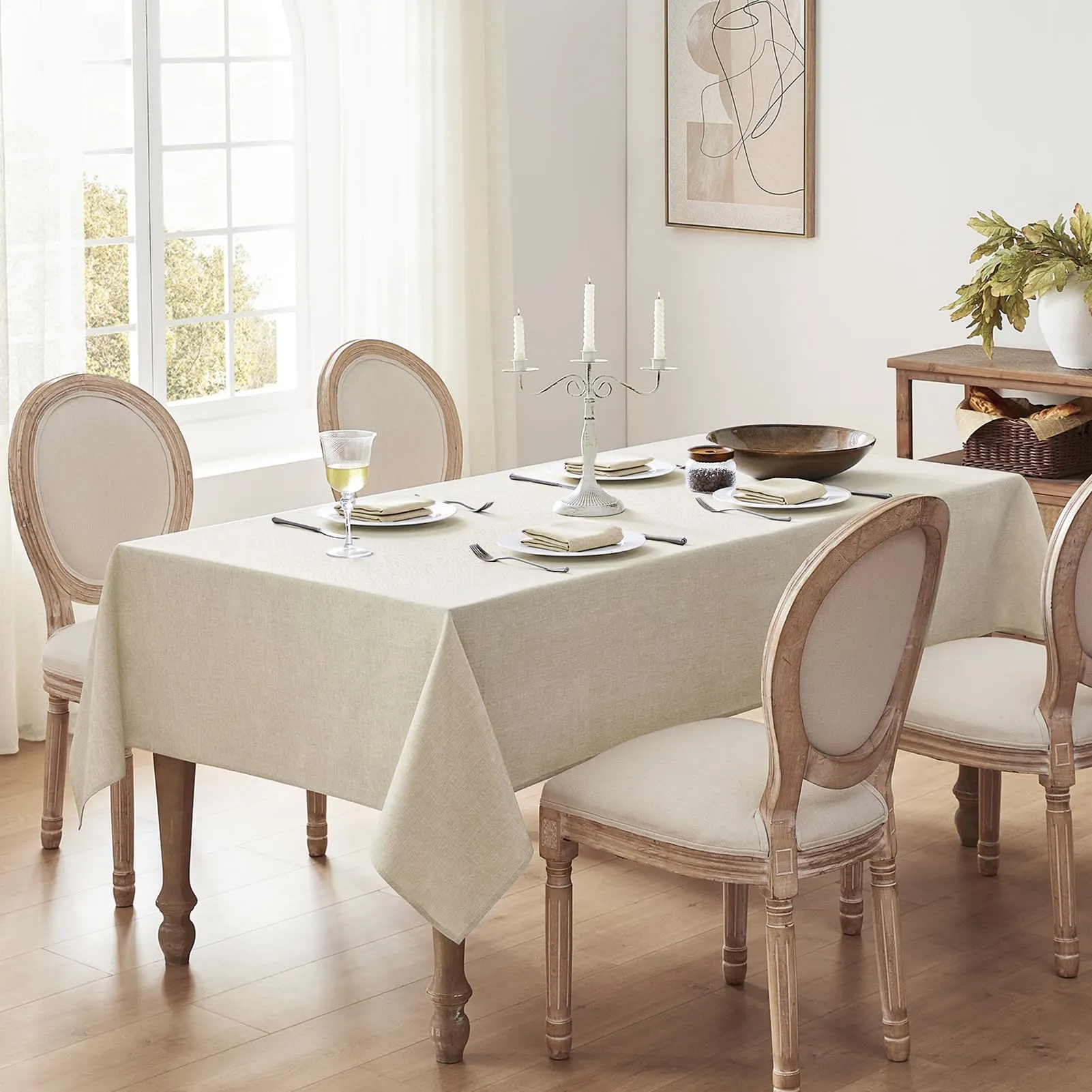 Softalker Tovaglia rettangolare in finto lino, impermeabile e antimacchia, 152,4 x 213,4 cm, beige - immagine 2
