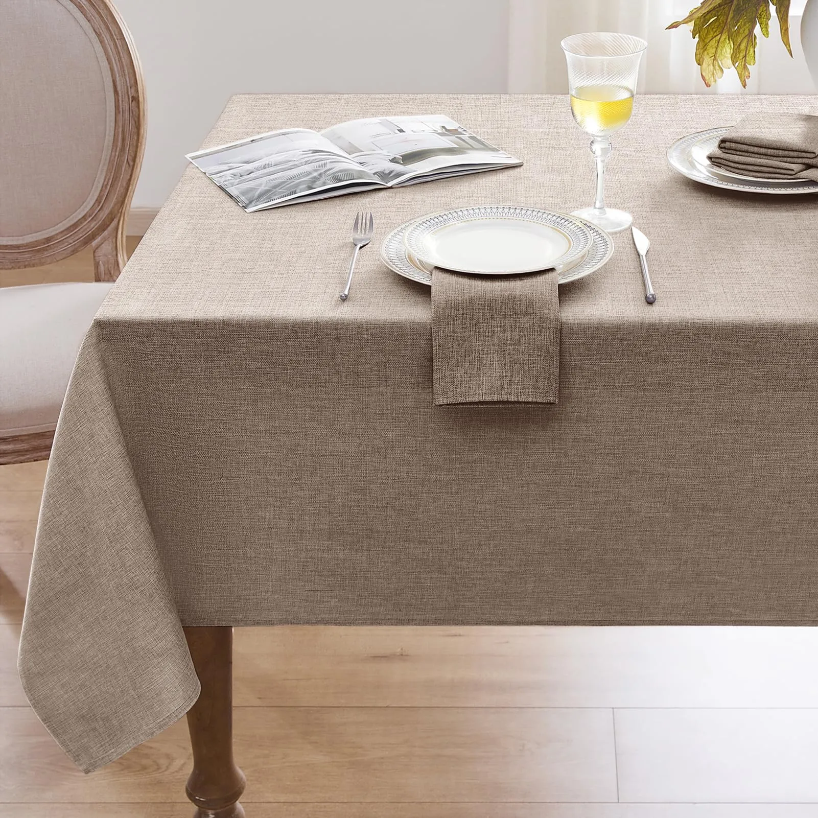 Softalker Tovaglia Rettangolare in Lino e Iuta, Impermeabile, 132 x 178 cm, Marrone - immagine 1