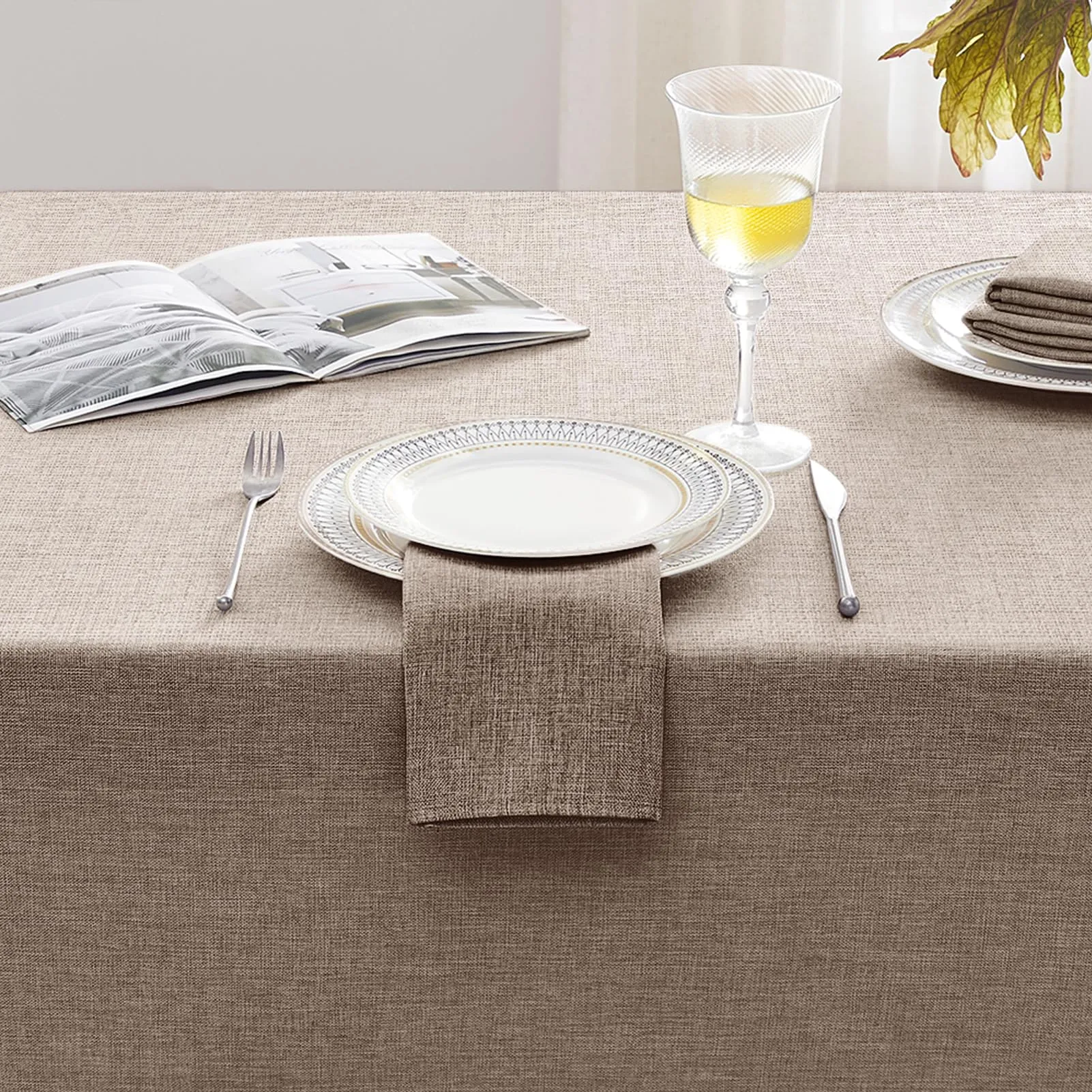 Softalker Tovaglia Rettangolare in Lino e Iuta, Impermeabile, 132 x 178 cm, Marrone - immagine 5