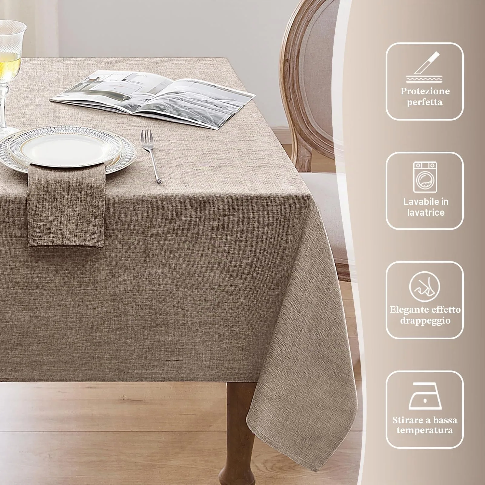 Softalker Tovaglia Rettangolare in Lino e Iuta, Impermeabile, 132 x 178 cm, Marrone - immagine 7