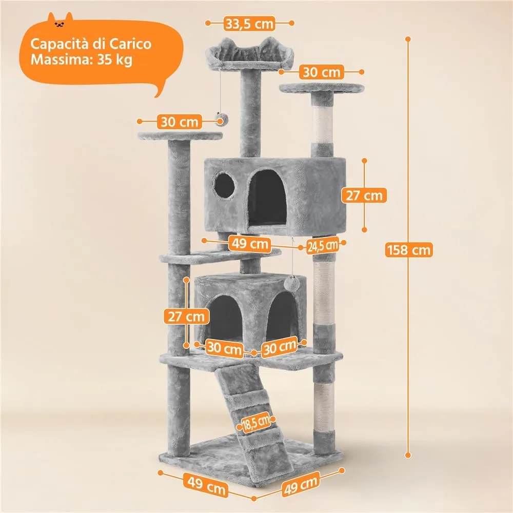 Yaheetech Albero Tiragraffi per Gatti Multilivello, 158 cm, Grigio Chiaro - immagine 2