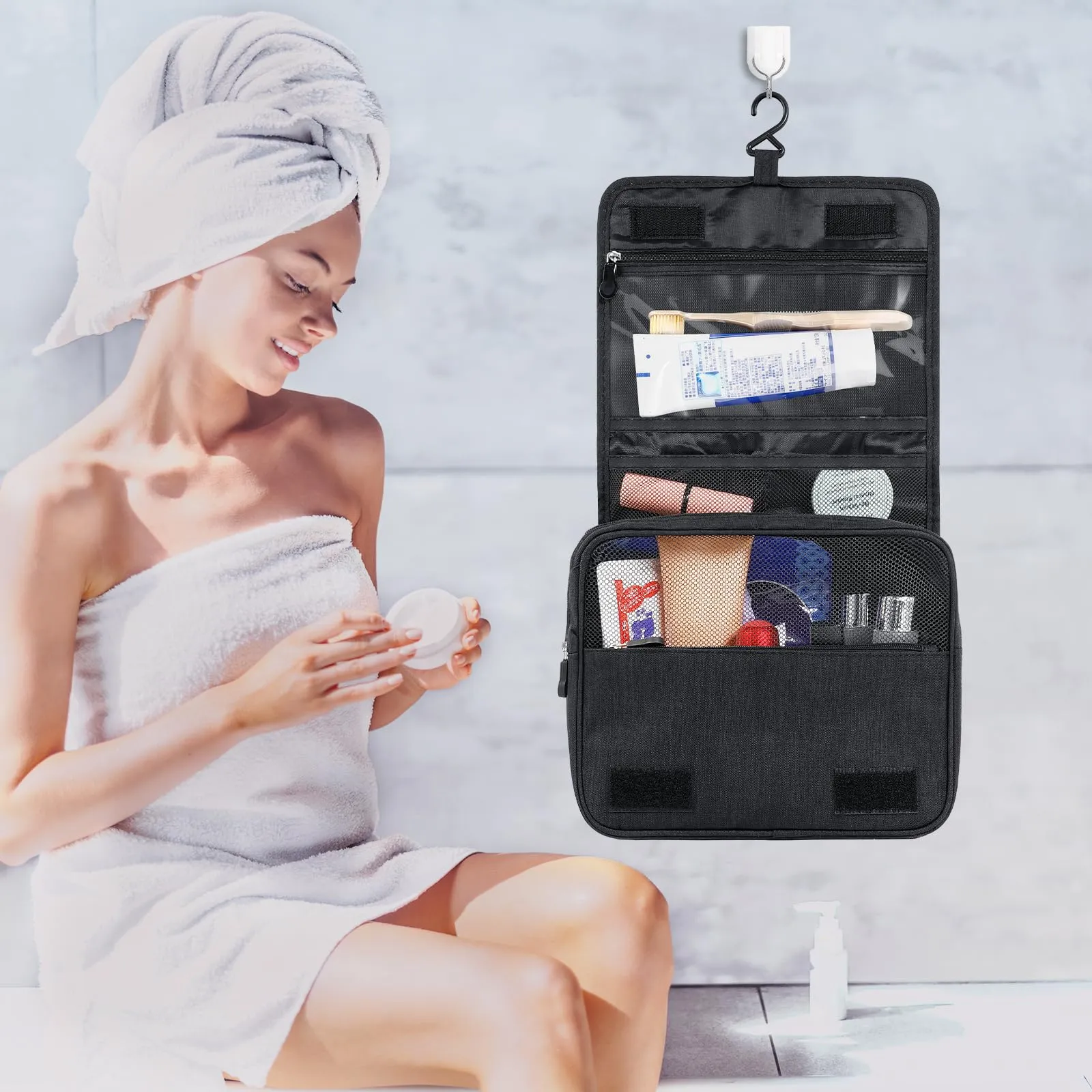 AiQInu Beauty Case da Viaggio, Borsa da Toilette Impermeabile con Gancio per Appendere - immagine 7