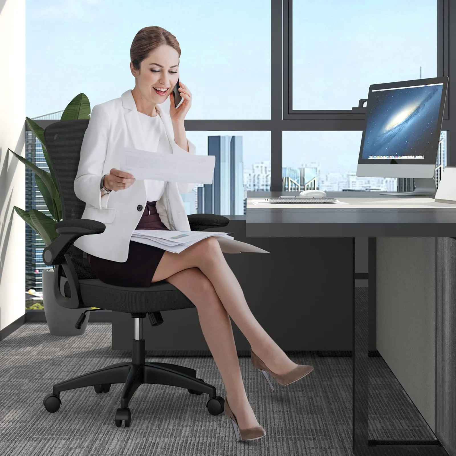 Rattantree Sedia da Ufficio Ergonomica con Supporto Lombare e Braccioli Regolabili, Nero - immagine 2