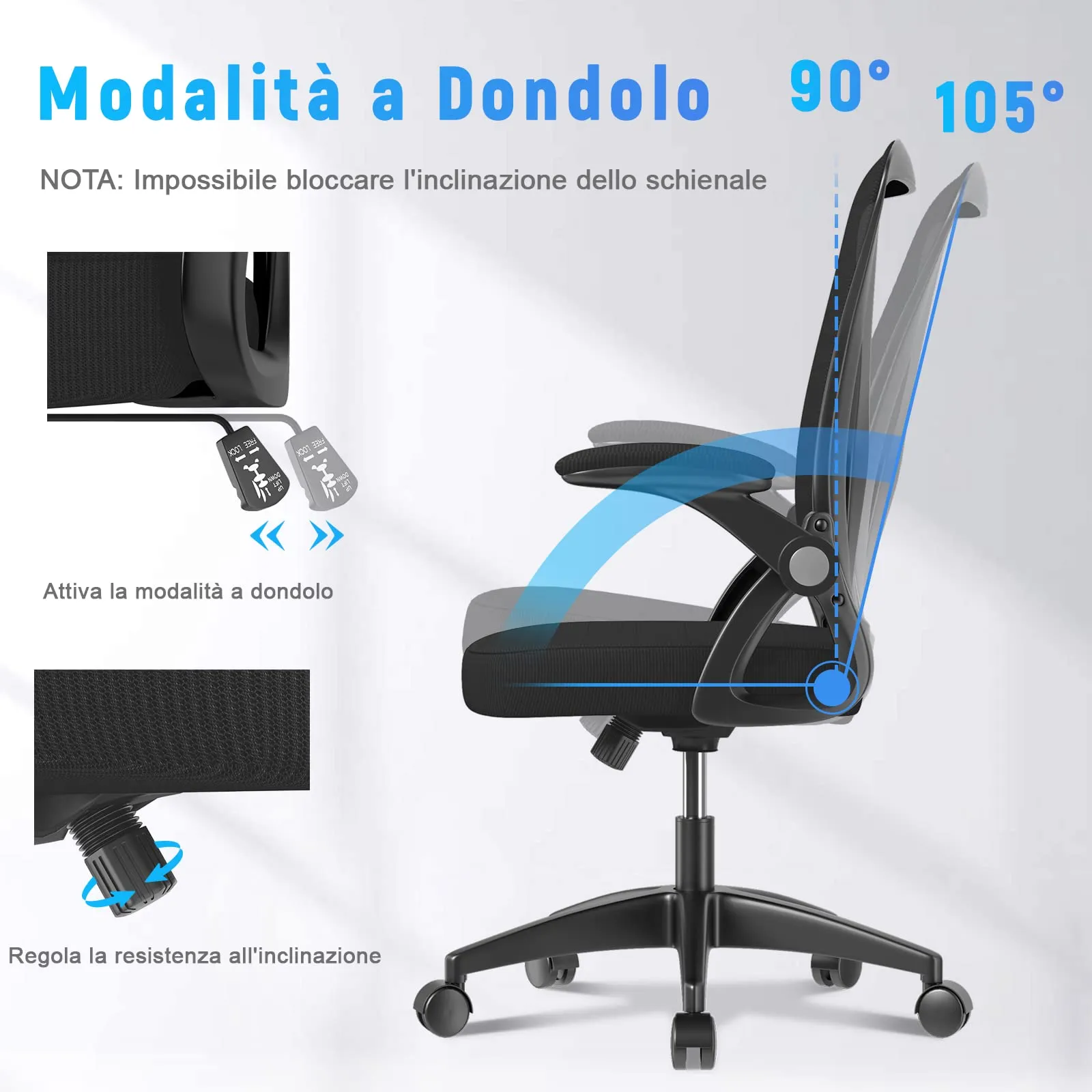 Rattantree Sedia da Ufficio Ergonomica con Supporto Lombare e Braccioli Regolabili, Nero - immagine 4