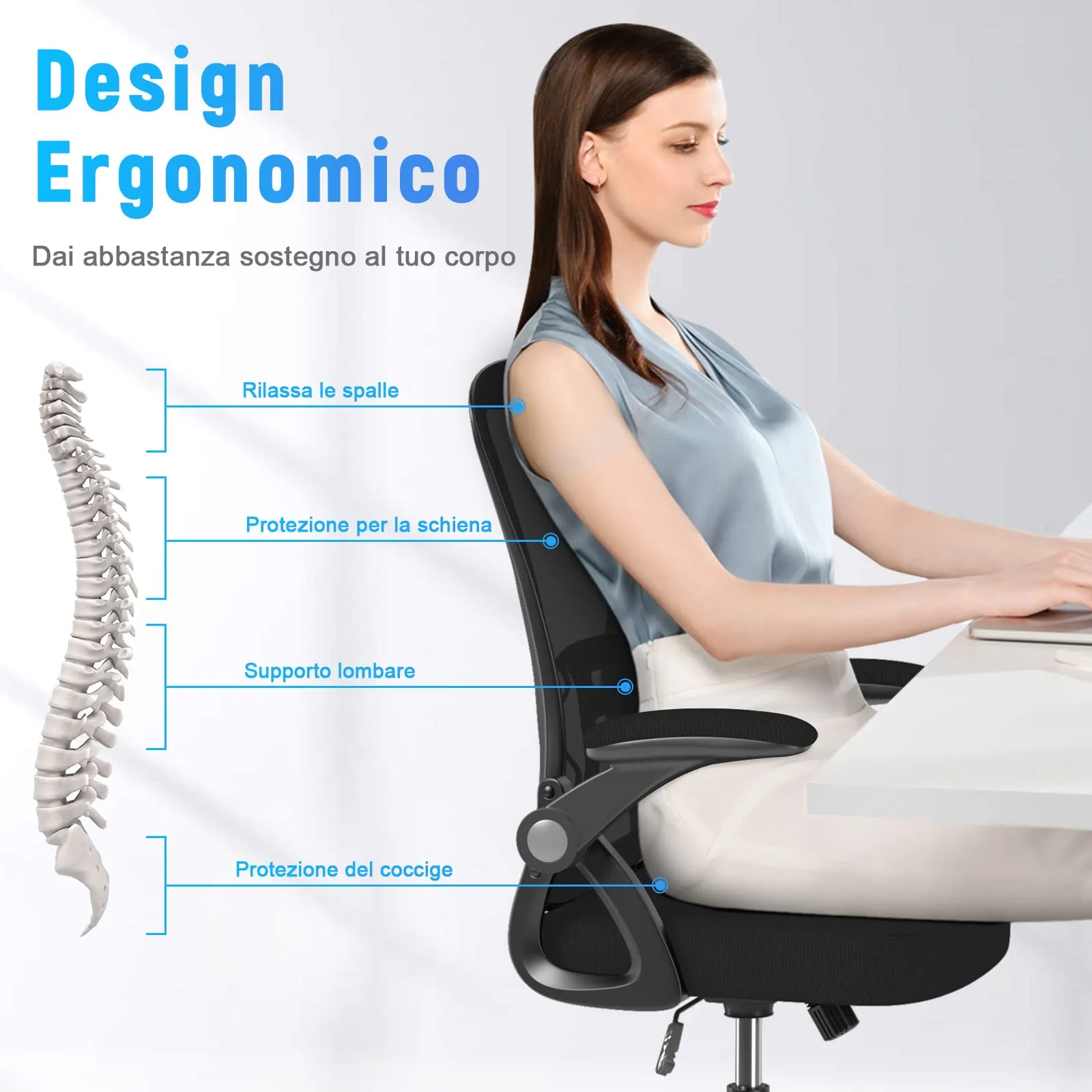 Rattantree Sedia da Ufficio Ergonomica con Supporto Lombare e Braccioli Regolabili, Nero - immagine 5