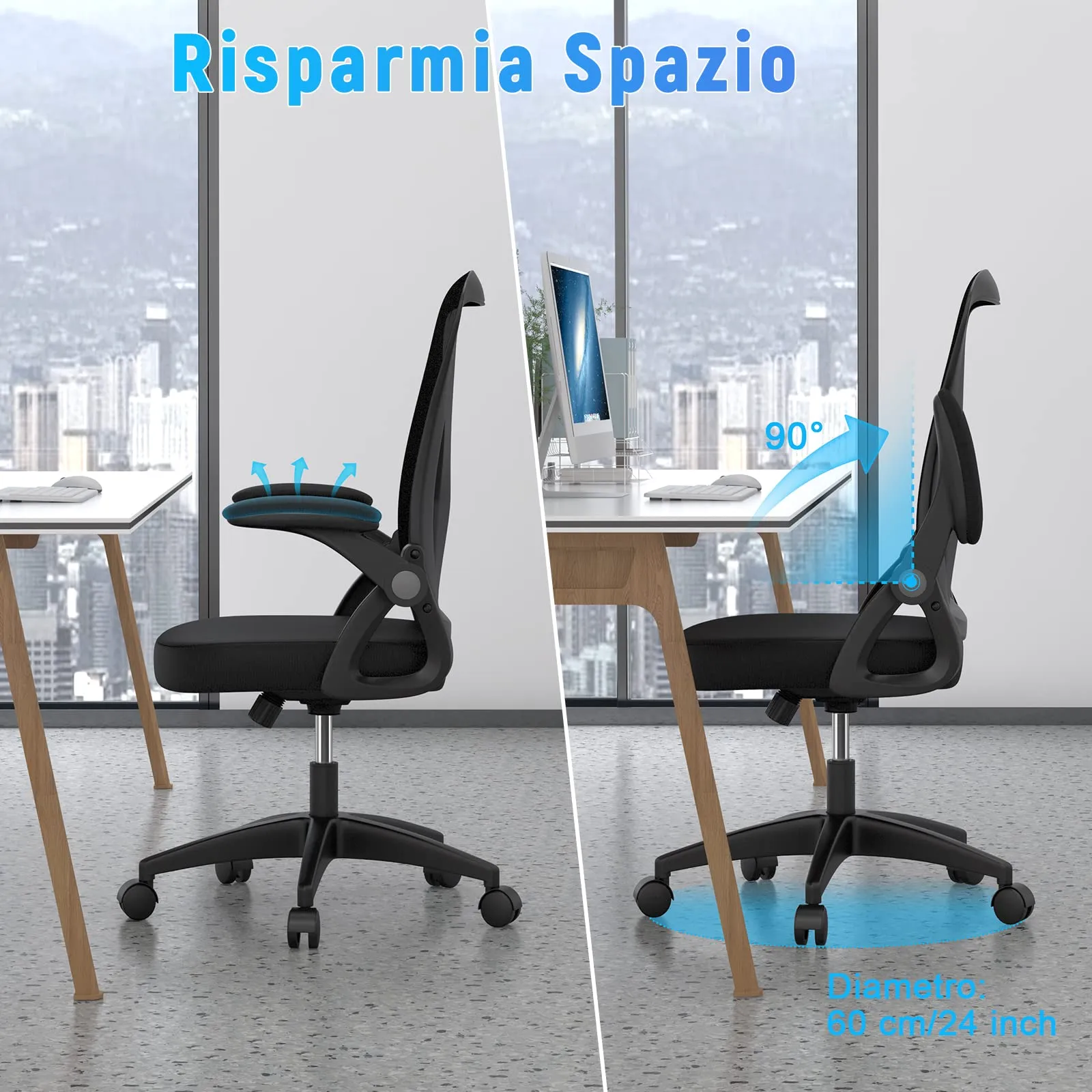 Rattantree Sedia da Ufficio Ergonomica con Supporto Lombare e Braccioli Regolabili, Nero - immagine 6