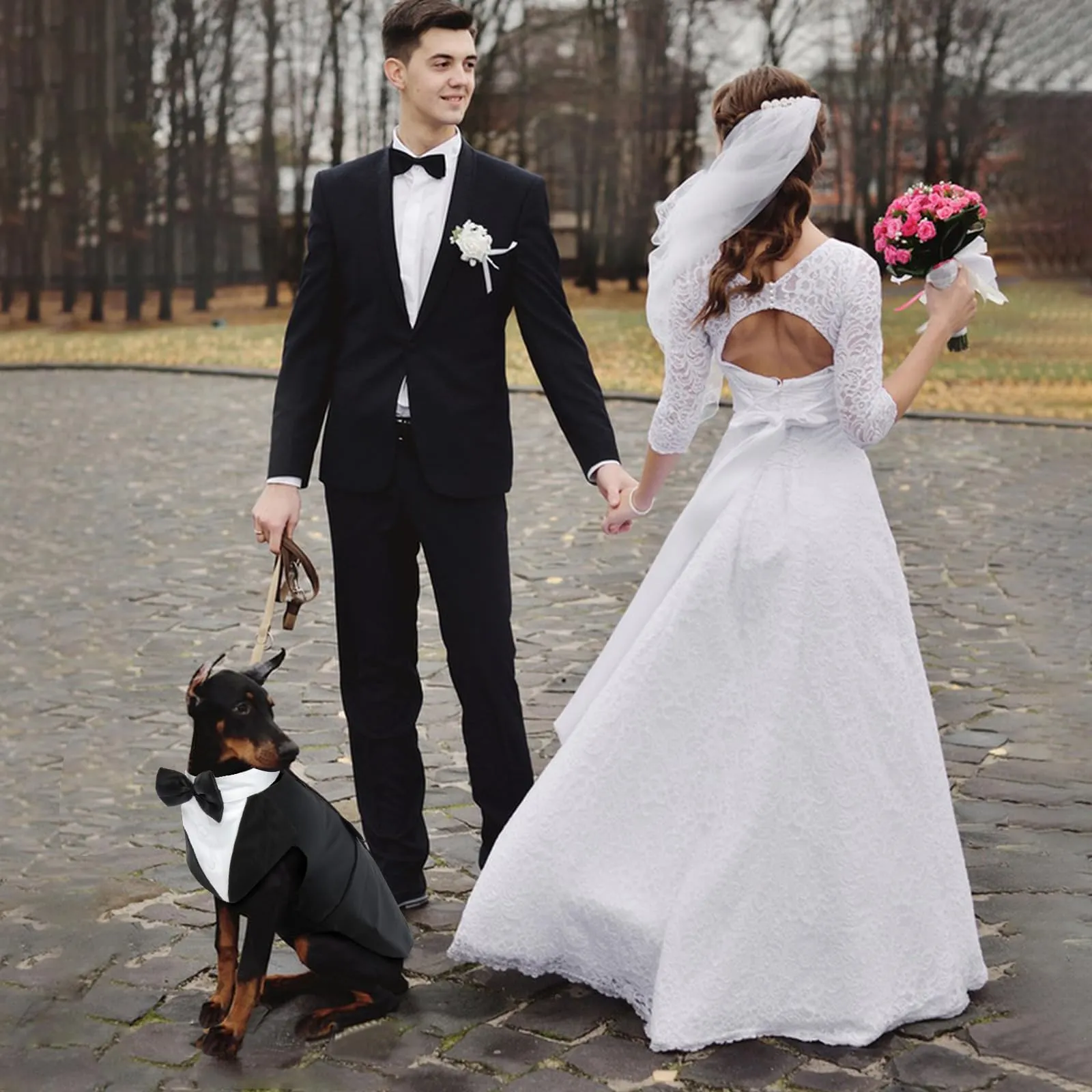 PUMYPOREITY Abito da smoking per cani in cotone con bandana staccabile, Nero, L - immagine 5