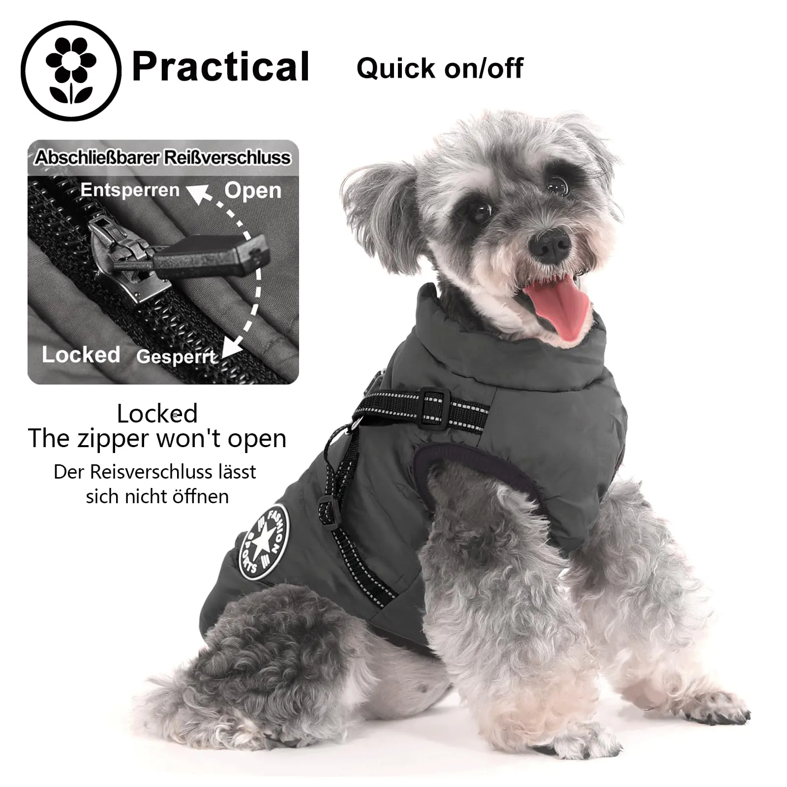 Aywoja Cappotto Invernale per Cani con Pettorina, Impermeabile e Riflettente, Nero, Taglia 15 - immagine 2