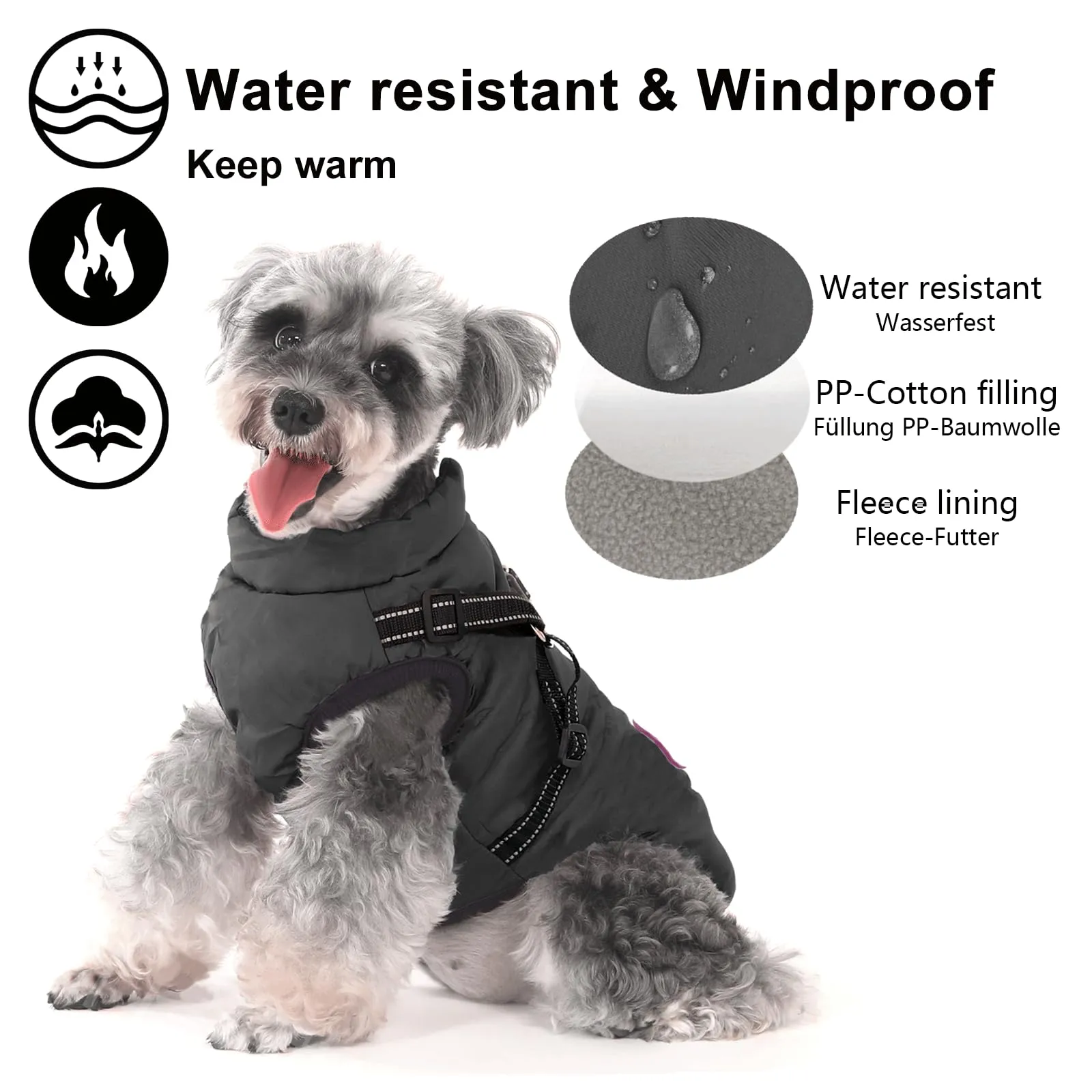 Aywoja Cappotto Invernale per Cani con Pettorina, Impermeabile e Riflettente, Nero, Taglia 40 - immagine 3