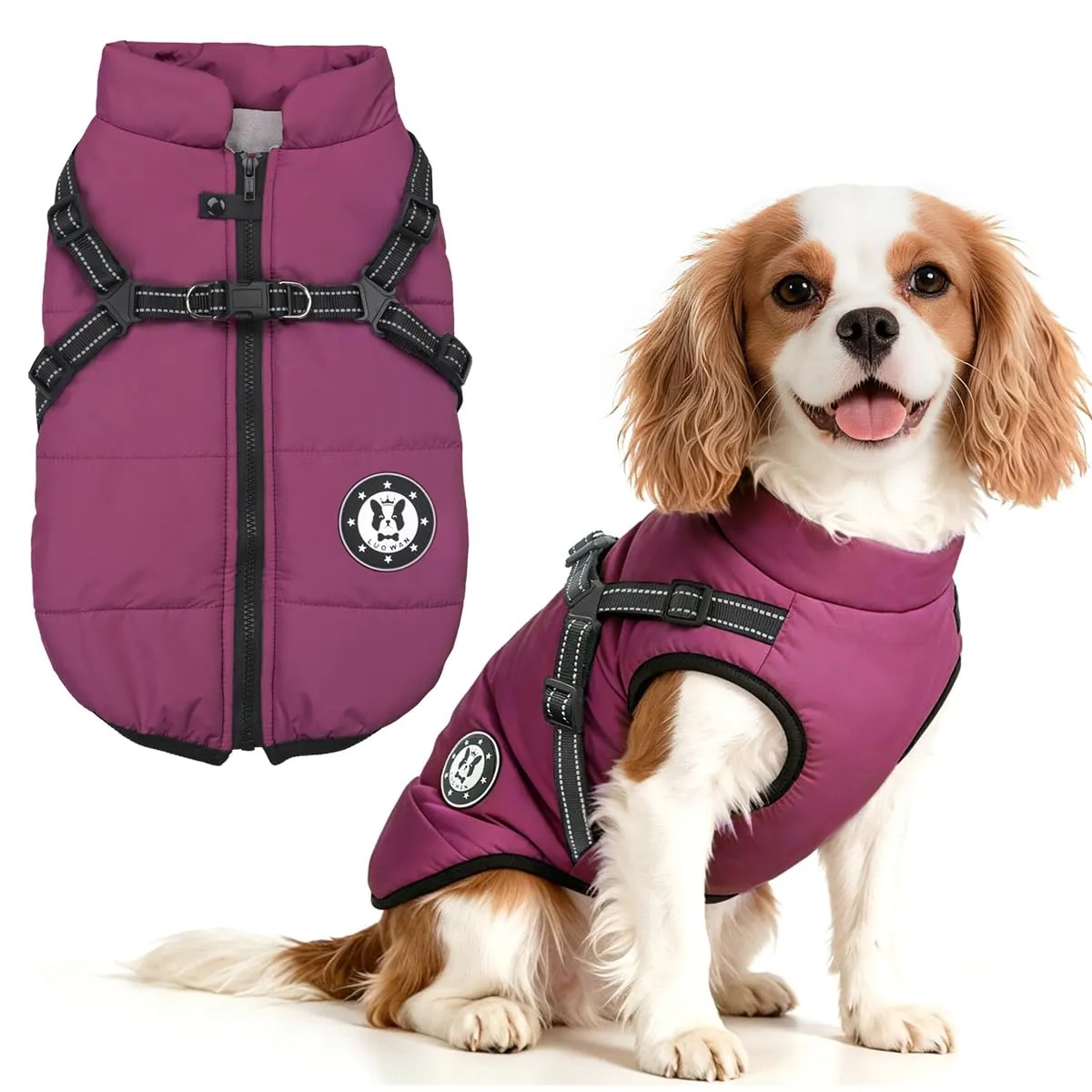 LUOWAN Cappotto Impermeabile per Cani con Imbracatura, Design a Strisce Riflettenti e Anello a D, Viola, Taglia 14 - immagine 1