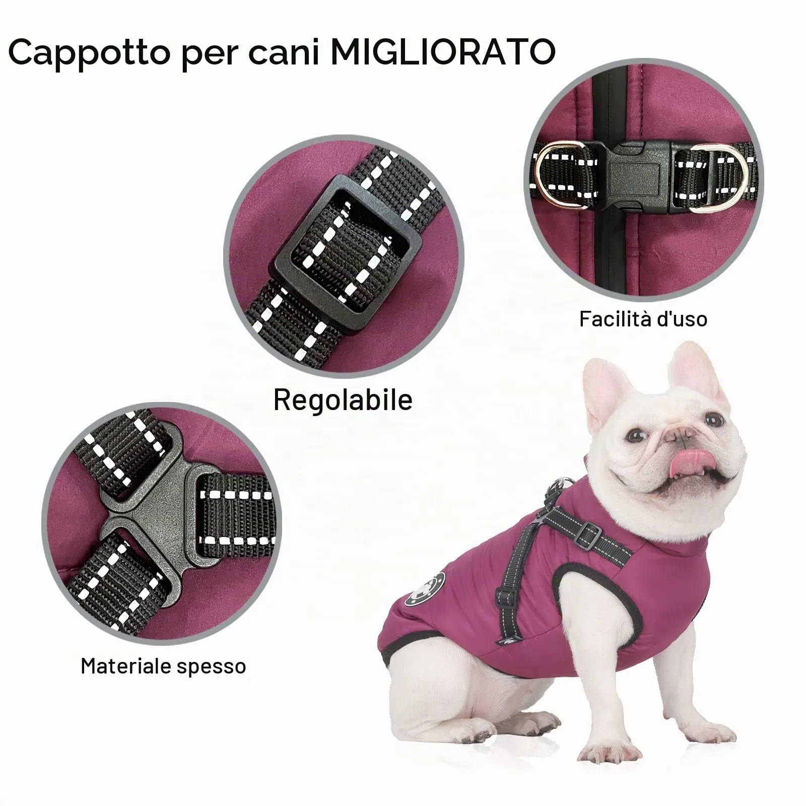 LUOWAN Cappotto Impermeabile per Cani con Imbracatura, Design a Strisce Riflettenti e Anello a D, Viola, Taglia 14 - immagine 4