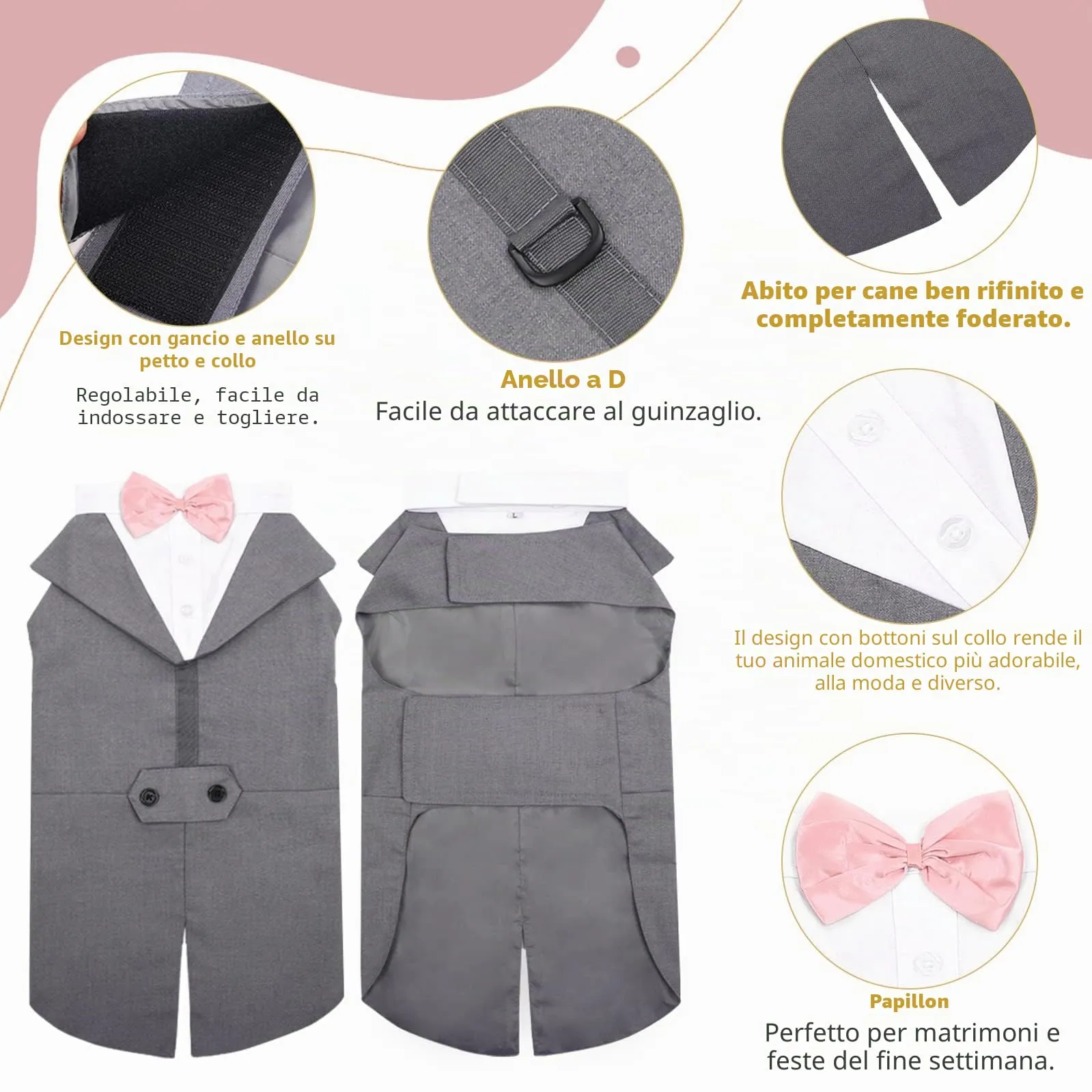PUMYPOREITY Set Smoking e Bandana per Cani, Abbigliamento Formale per Cani di Taglia Piccola, Grigio, Taglia M - immagine 4