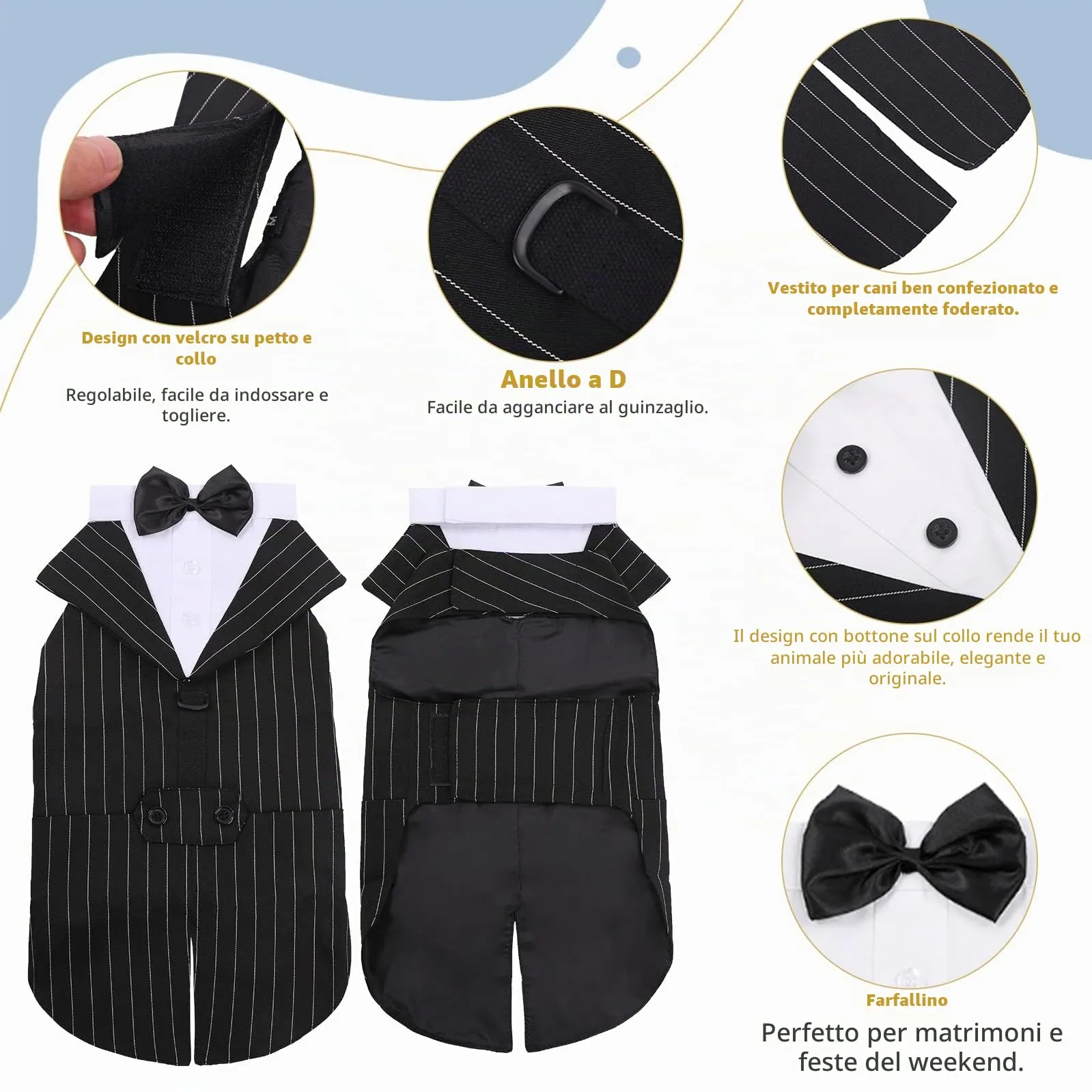 PUMYPOREITY Smoking Elegante per Cani Piccola Taglia - Vestito Matrimonio Nero a Righe, Taglia S - immagine 4