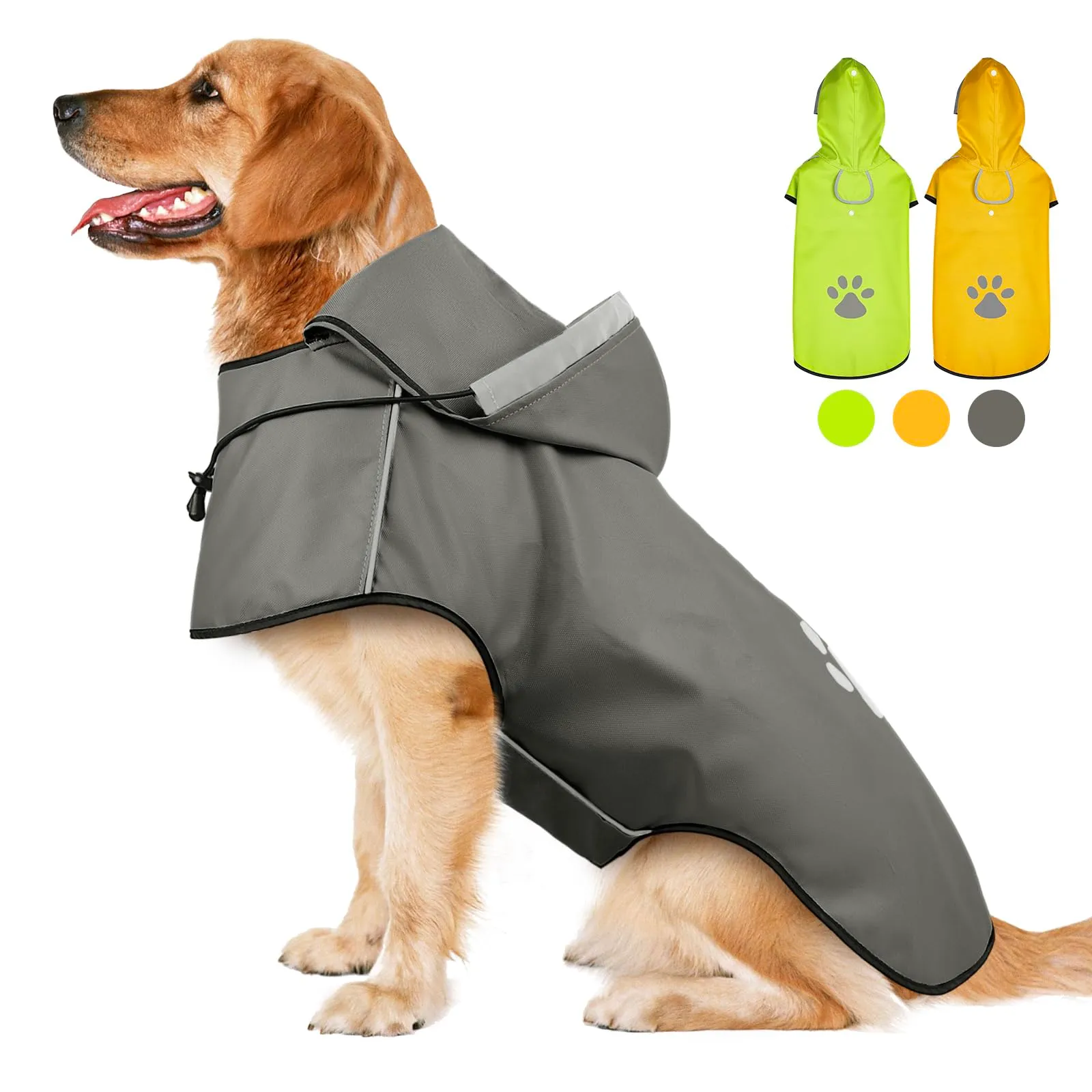 DQGHQME Impermeabile per Cani con Cappuccio e Strisce Riflettenti, Grigio, L - immagine 1