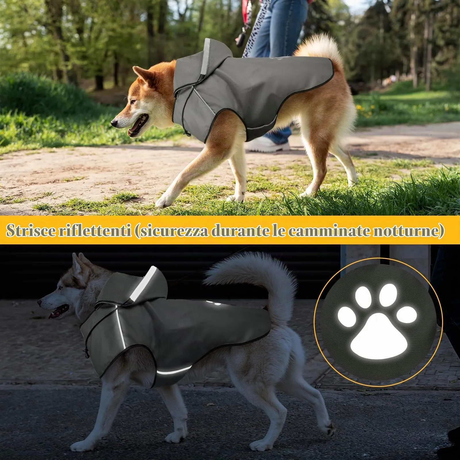 DQGHQME Impermeabile per Cani con Cappuccio e Strisce Riflettenti, Grigio, L - immagine 3