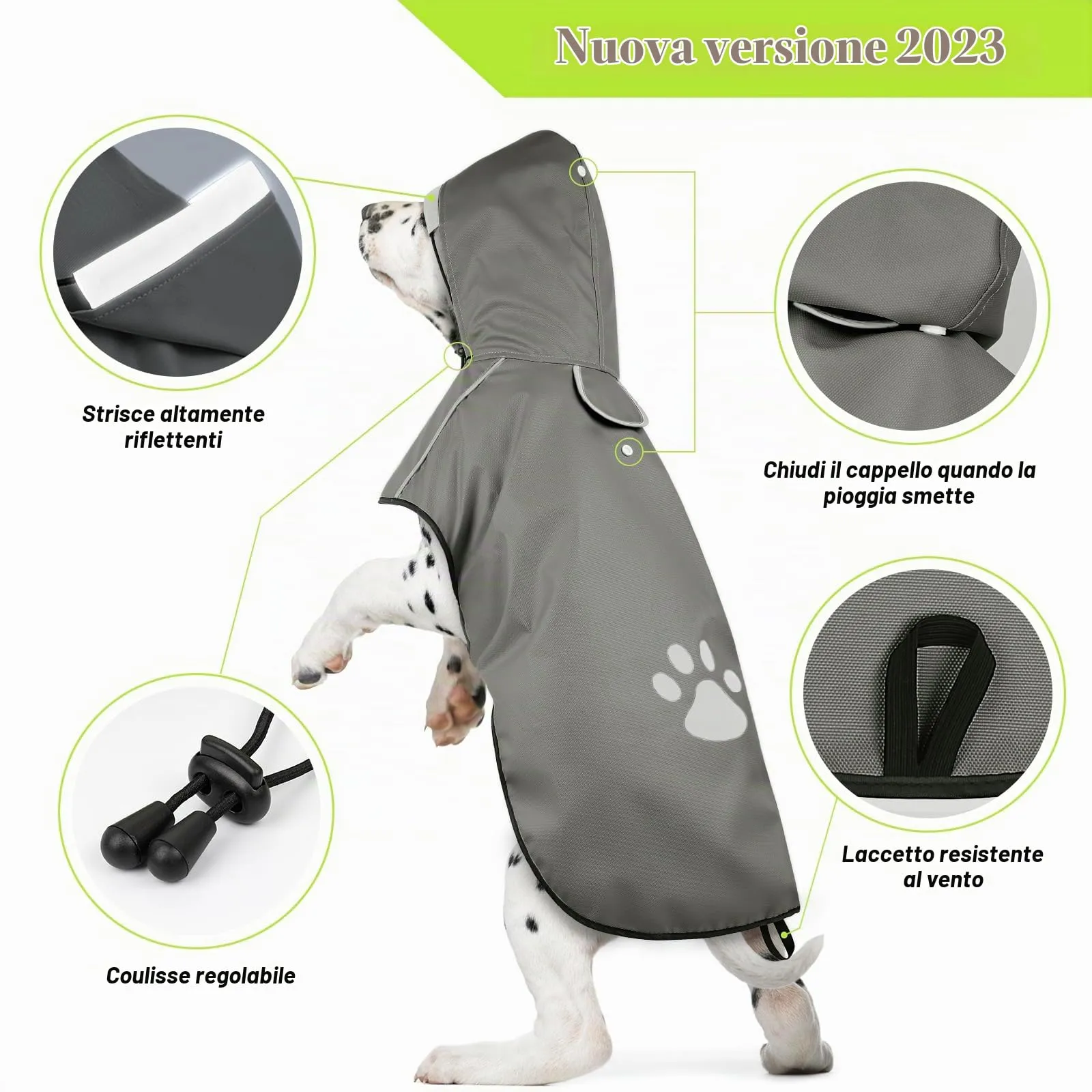 DQGHQME Impermeabile per Cani con Cappuccio e Strisce Riflettenti, Grigio, L - immagine 4