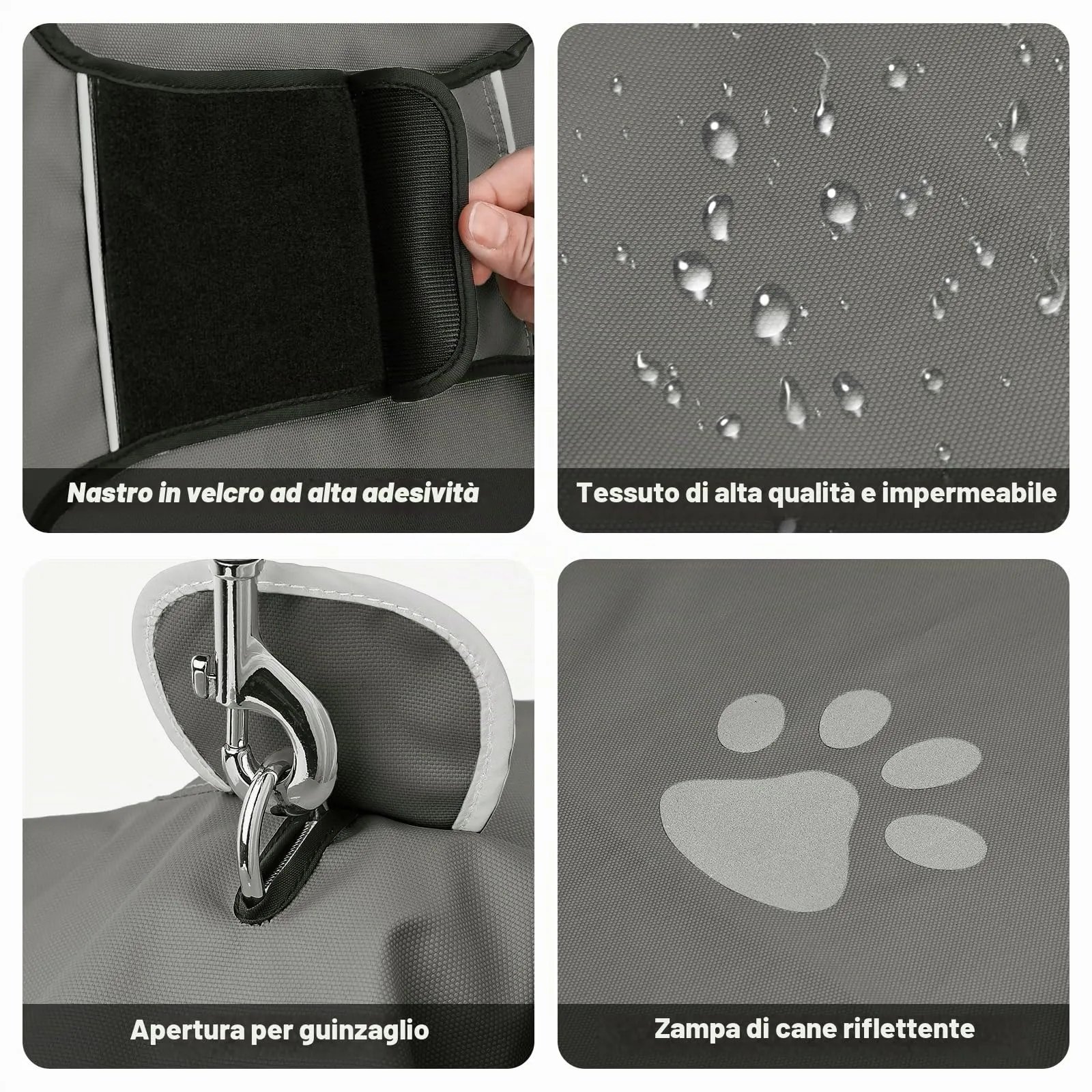 DQGHQME Impermeabile per Cani con Cappuccio e Strisce Riflettenti, Grigio, L - immagine 5