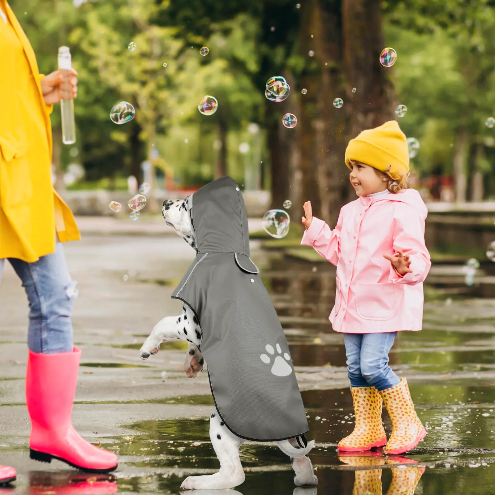 DQGHQME Impermeabile per Cani con Cappuccio e Strisce Riflettenti, Grigio, L - immagine 7