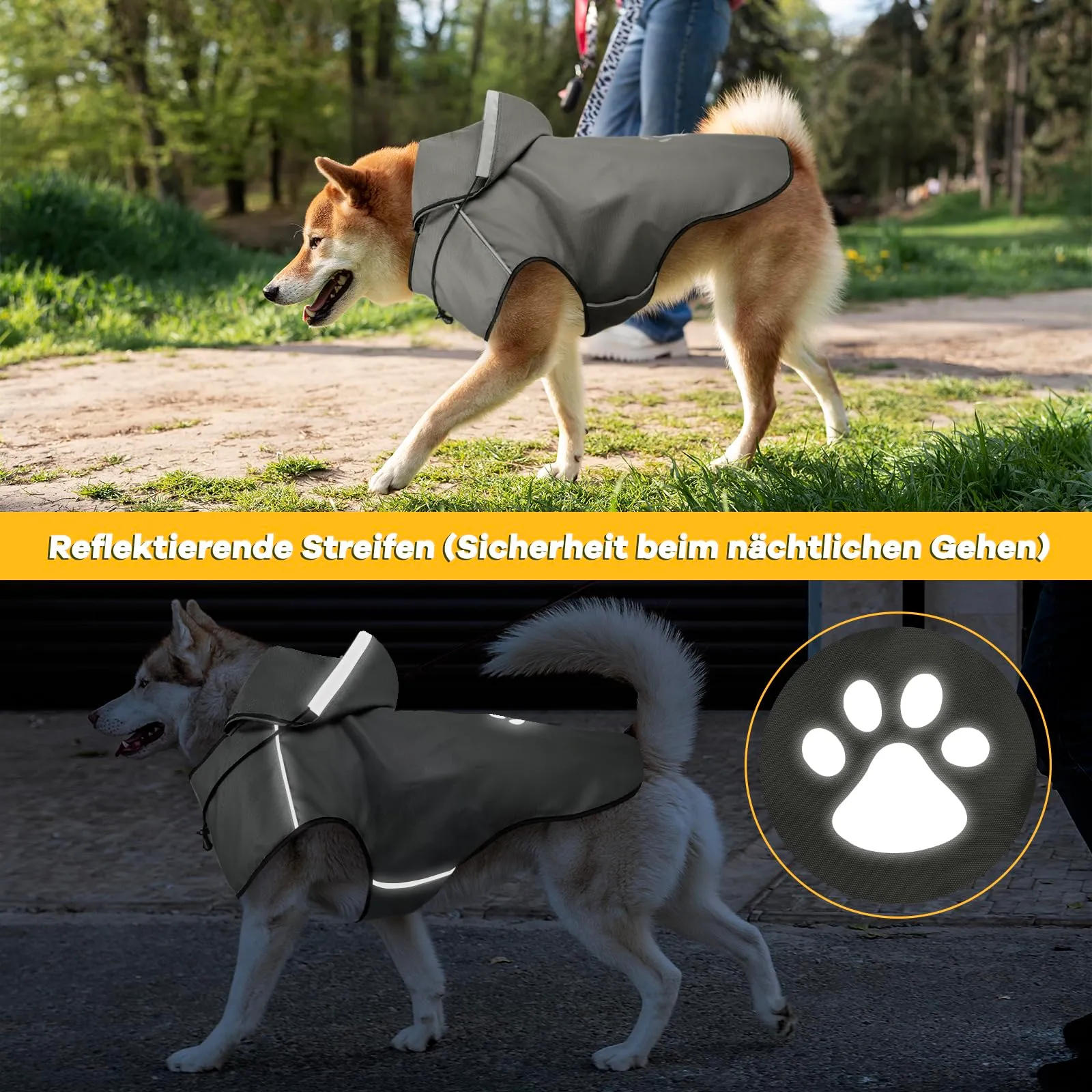 DQGHQME Impermeabile per Cani con Cappuccio e Strisce Riflettenti, Grigio, XL - immagine 3