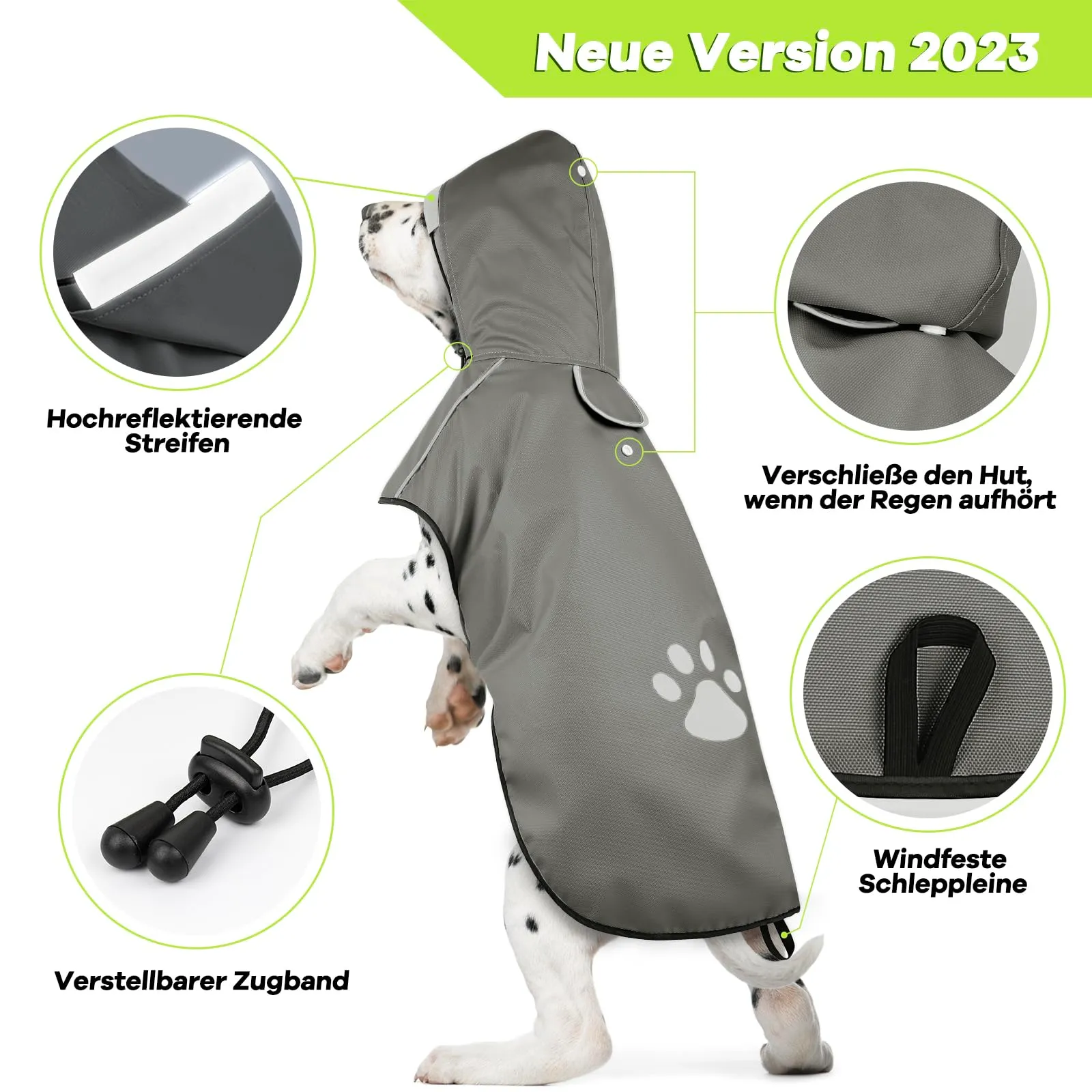 DQGHQME Impermeabile per Cani con Cappuccio e Strisce Riflettenti, Grigio, XL - immagine 4