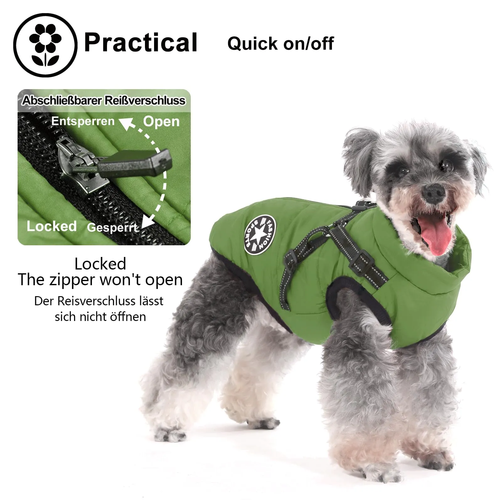 Aywoja Cappotto Invernale per Cani con Pettorina, Impermeabile e Riflettente, Verde - immagine 2