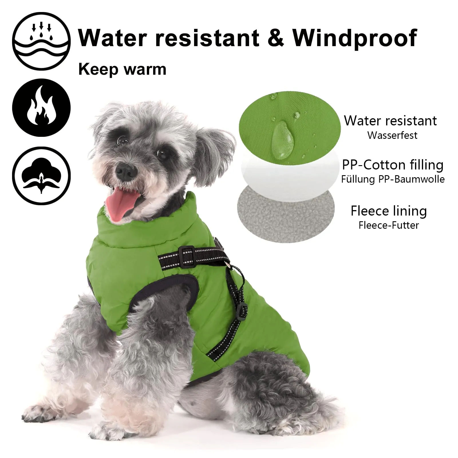 Aywoja Cappotto Cane Invernale Impermeabile con Pettorina e Strisce Riflettenti, Verde - immagine 3
