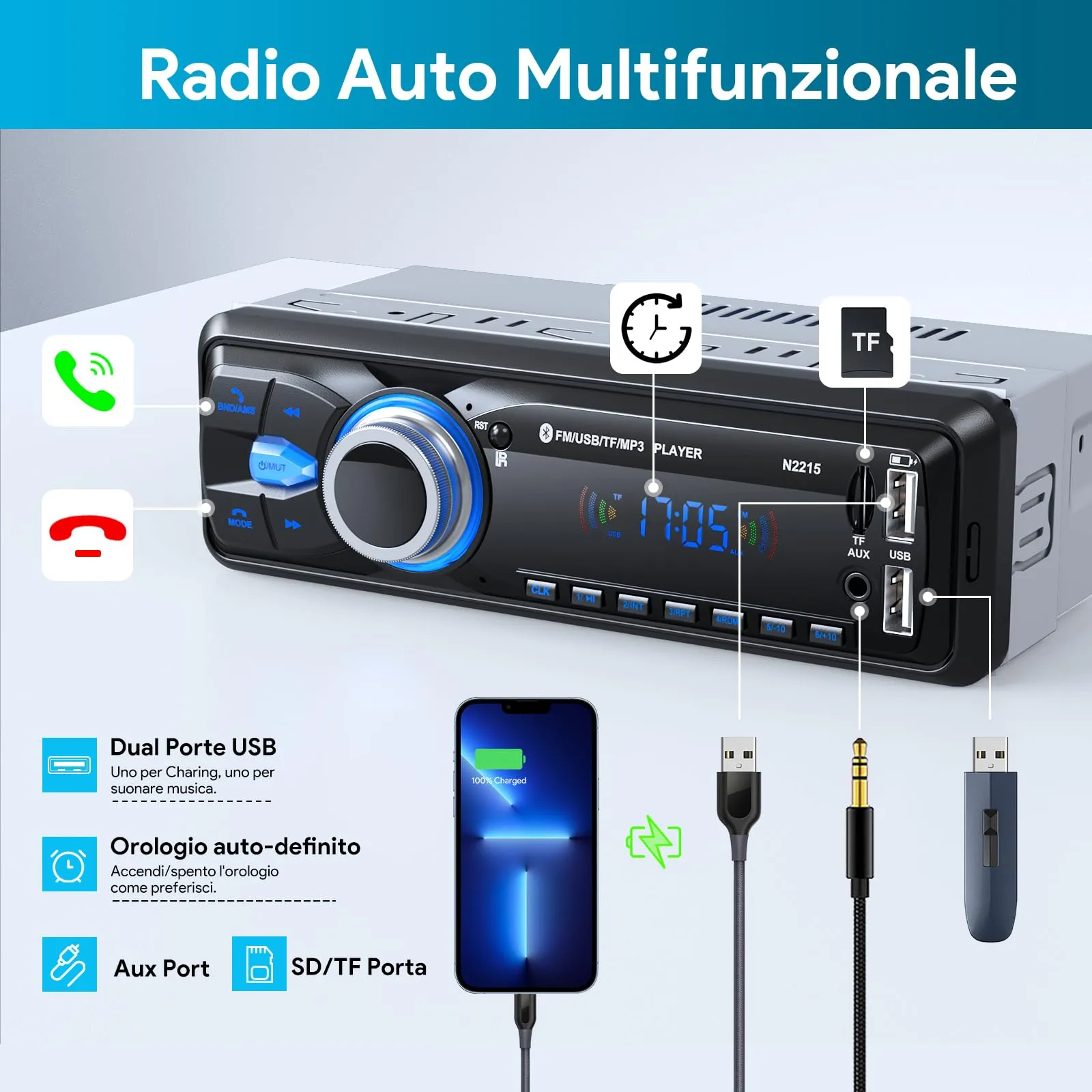 Chismos Autoradio Bluetooth 1 DIN Stereo FM Radio Auto - immagine 3