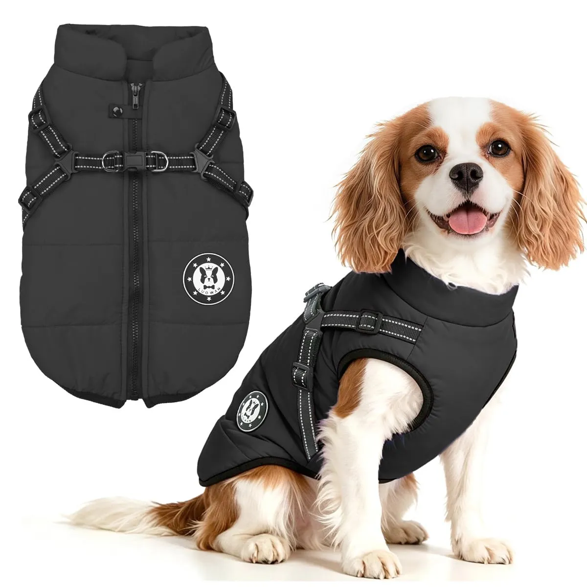LUOWAN Cappotto Impermeabile per Cani con Imbracatura, Fodera in Pile e Strisce Riflettenti, Nero - immagine 1