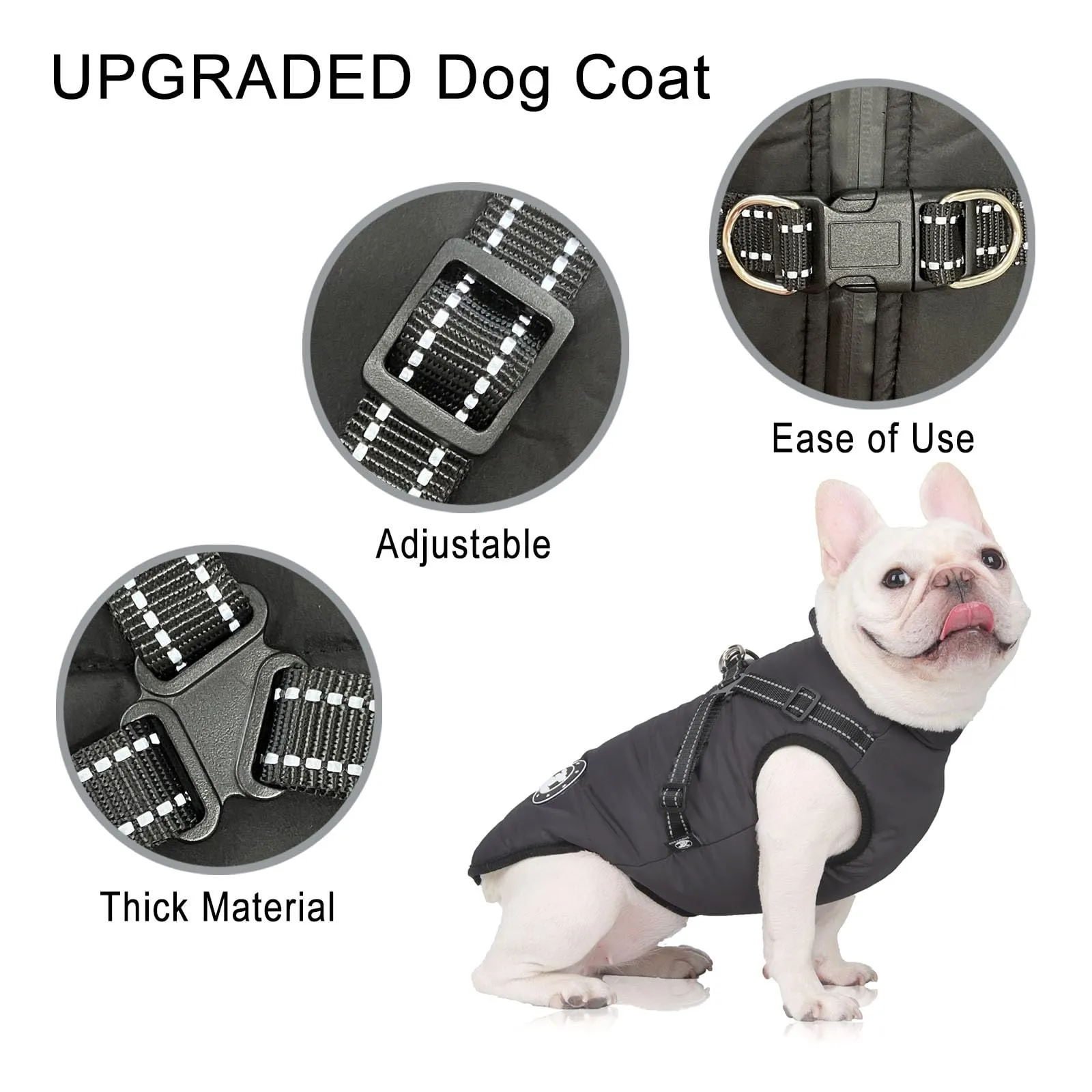 LUOWAN Cappotto Impermeabile per Cani con Imbracatura, Fodera in Pile e Strisce Riflettenti, Nero - immagine 4