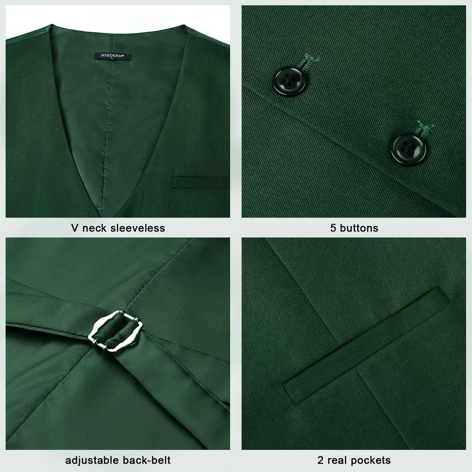 HISDERN Gilet Elegante in Cotone Tinta Unita per Uomo, Verde Foresta, S - immagine 3