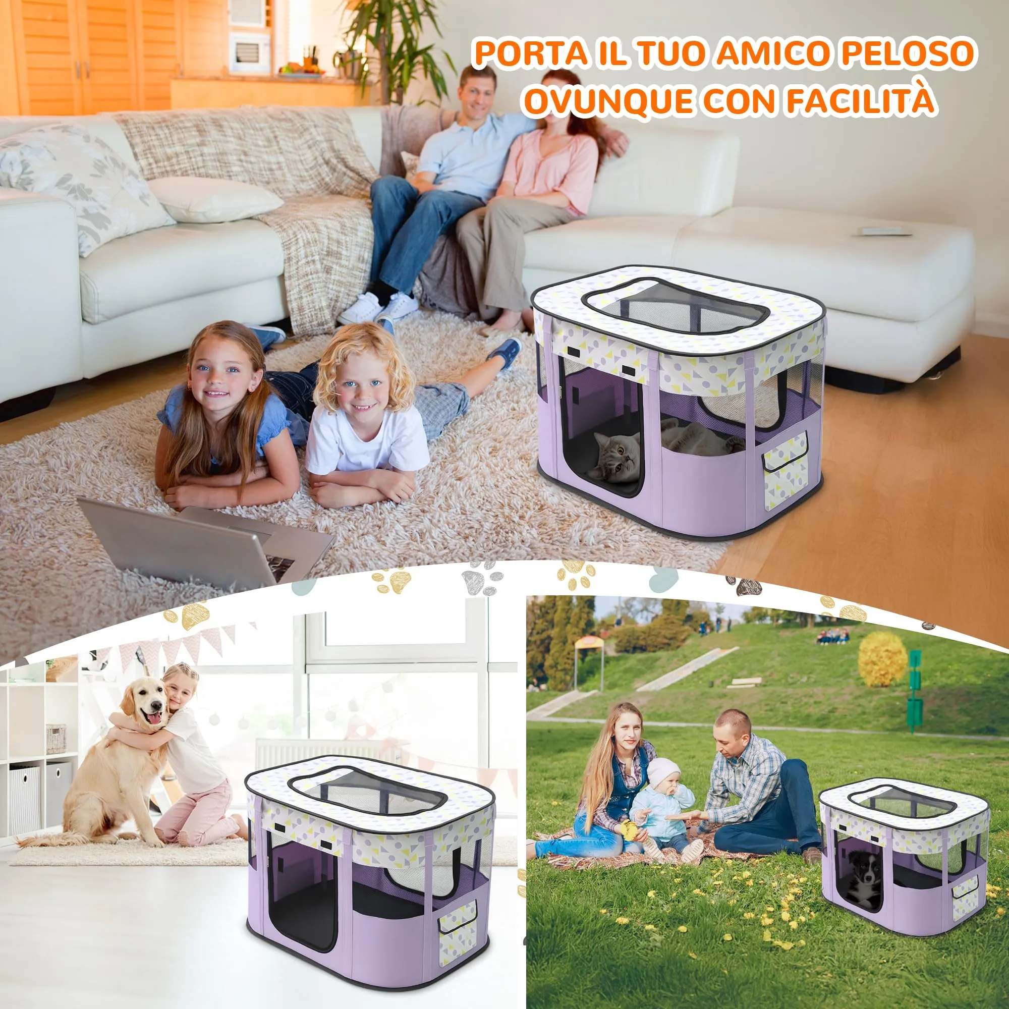 ALLSOPETS Recinto per Cani da Interno Pieghevole, Punti Viola, M - immagine 2