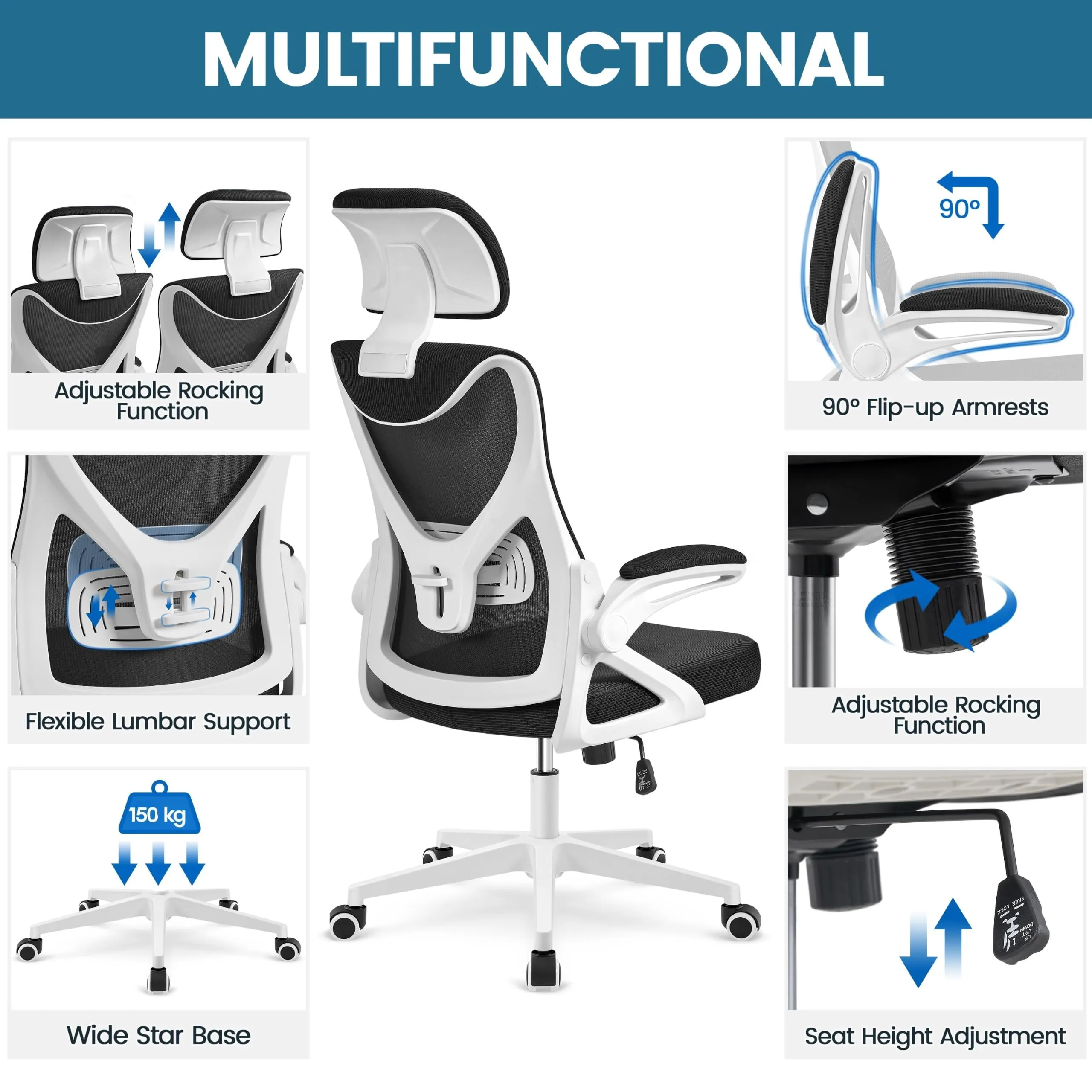 Yaheetech Sedia da Ufficio Ergonomica con Supporto Lombare, Bianca/Nera - immagine 5