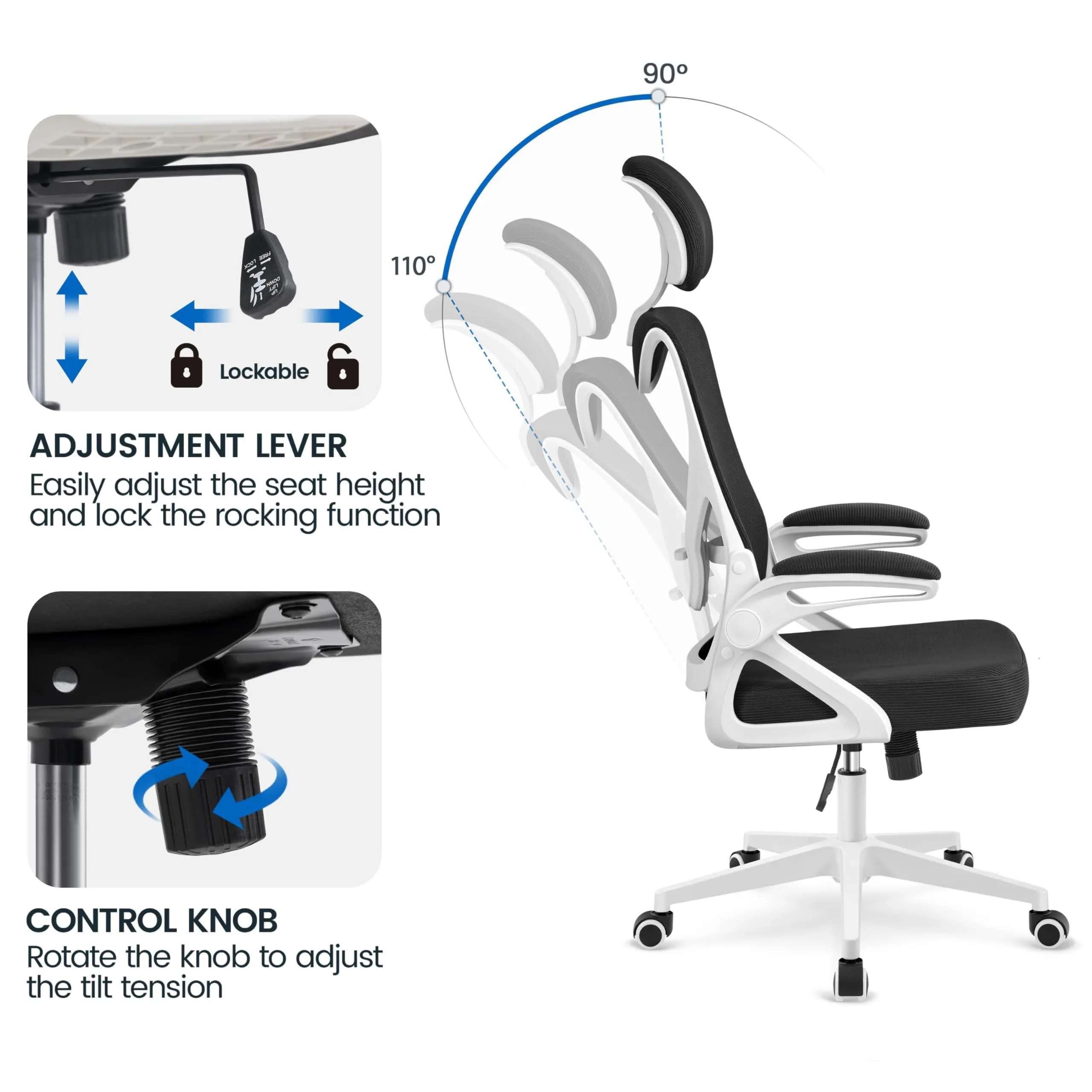 Yaheetech Sedia da Ufficio Ergonomica con Supporto Lombare, Bianca/Nera - immagine 6