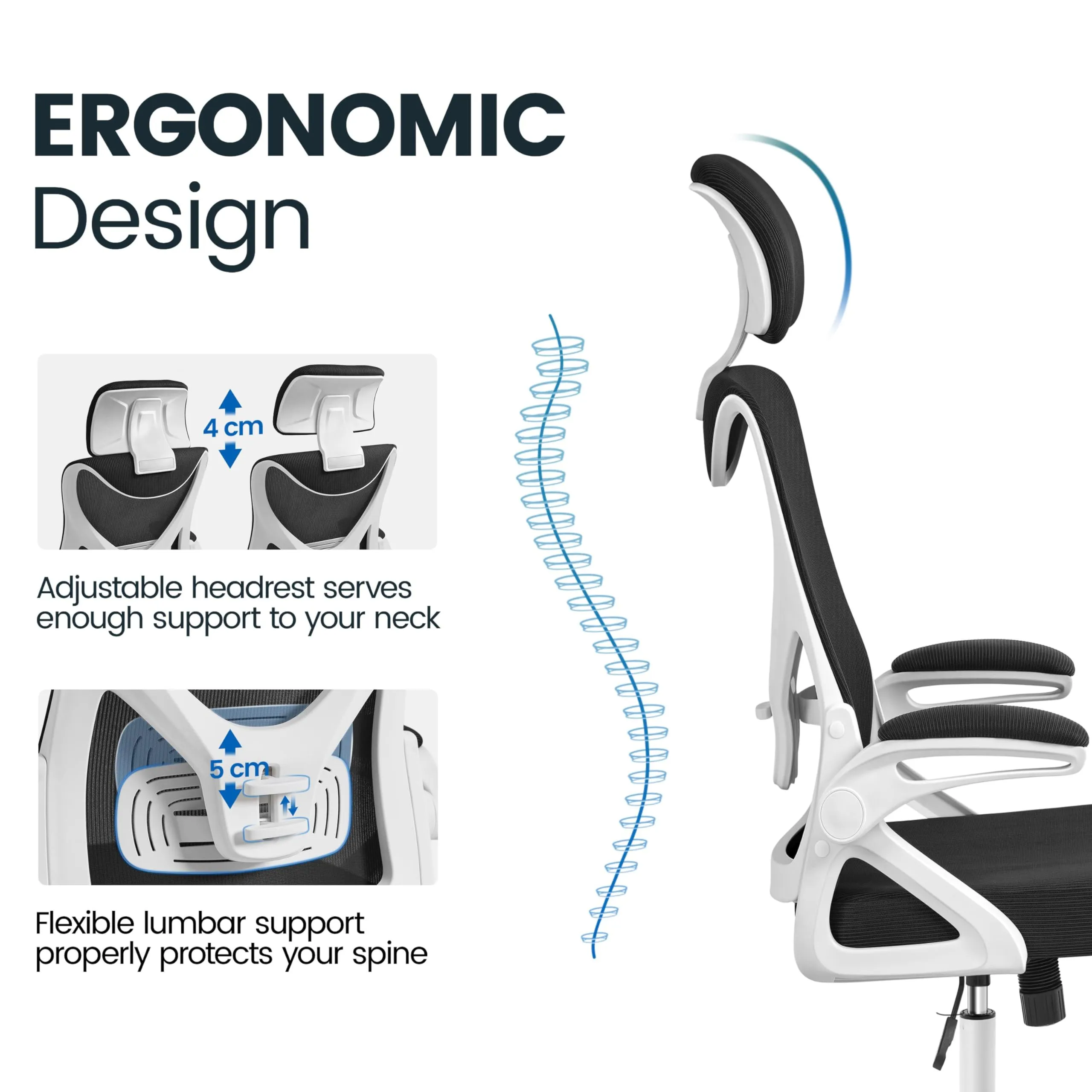 Yaheetech Sedia da Ufficio Ergonomica con Supporto Lombare, Bianca/Nera - immagine 7