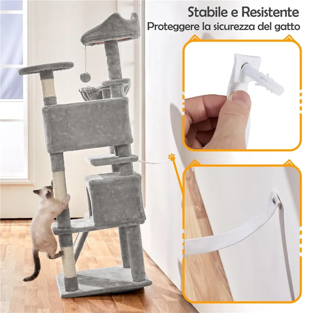 Yaheetech Albero Tiragraffi per Gatti in Sisal Naturale, 49 x 49 x 144,5 cm, Grigio Chiaro - immagine 5