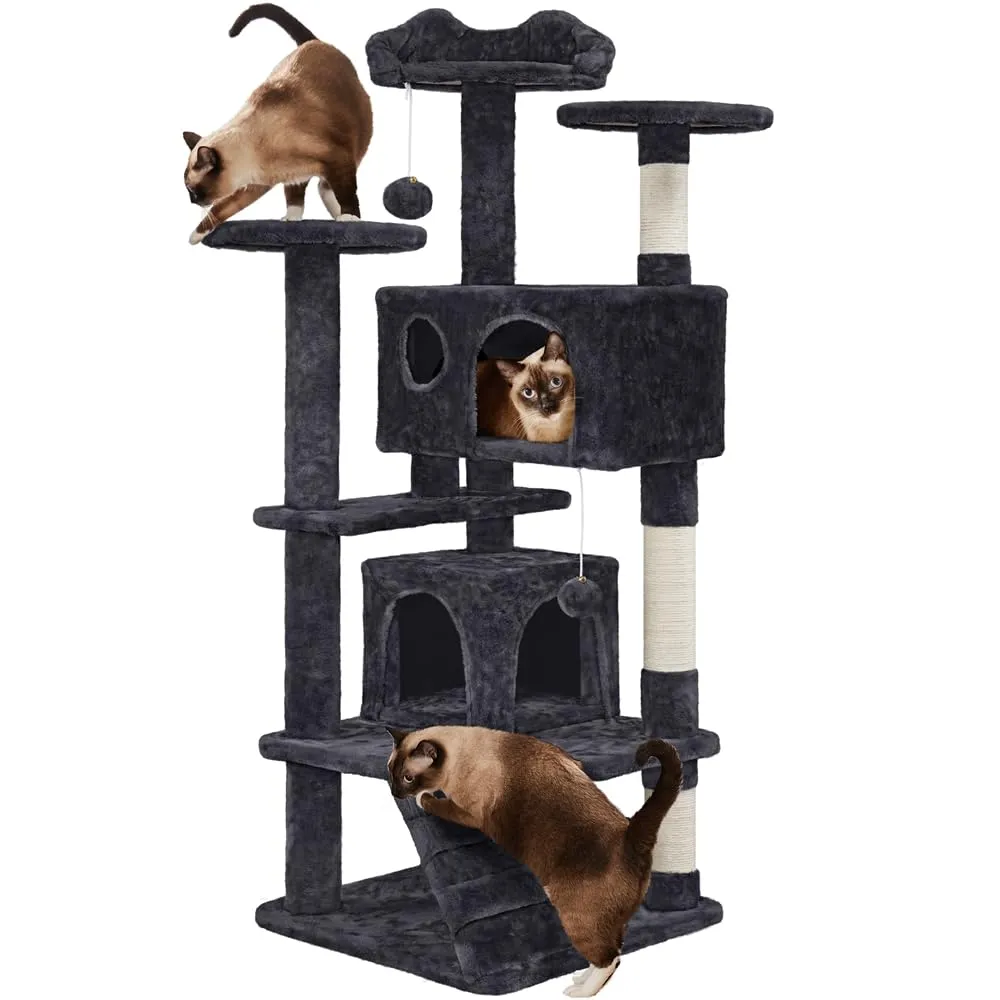 Yaheetech Albero Tiragraffi per Gatti 139 cm con 3 Pali Graffiatoi, 3 Posatoi, 2 Grotte e 2 Pompon in Peluche, Nero - immagine 1