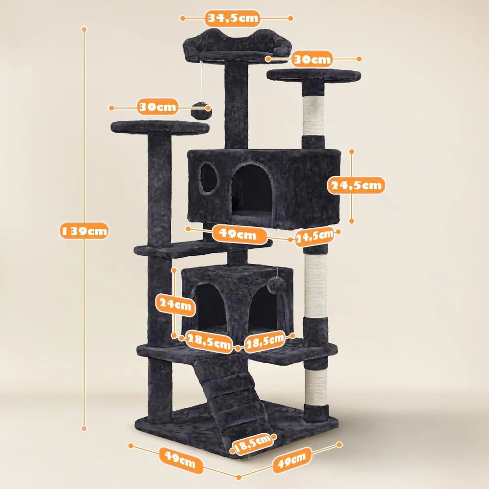 Yaheetech Albero Tiragraffi per Gatti 139 cm con 3 Pali Graffiatoi, 3 Posatoi, 2 Grotte e 2 Pompon in Peluche, Nero - immagine 2