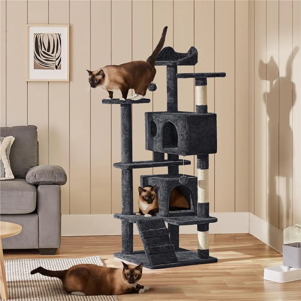 Yaheetech Albero Tiragraffi per Gatti 139 cm con 3 Pali Graffiatoi, 3 Posatoi, 2 Grotte e 2 Pompon in Peluche, Nero - immagine 3