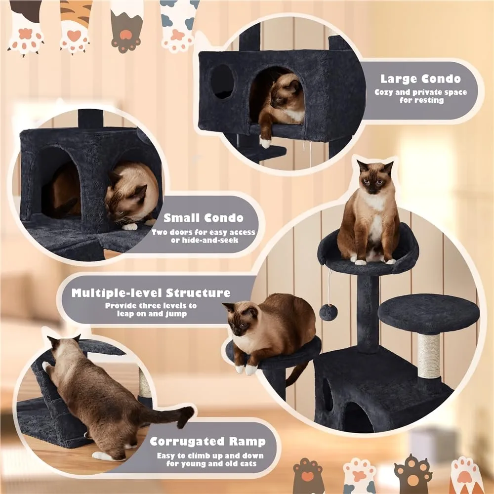 Yaheetech Albero Tiragraffi per Gatti 139 cm con 3 Pali Graffiatoi, 3 Posatoi, 2 Grotte e 2 Pompon in Peluche, Nero - immagine 4