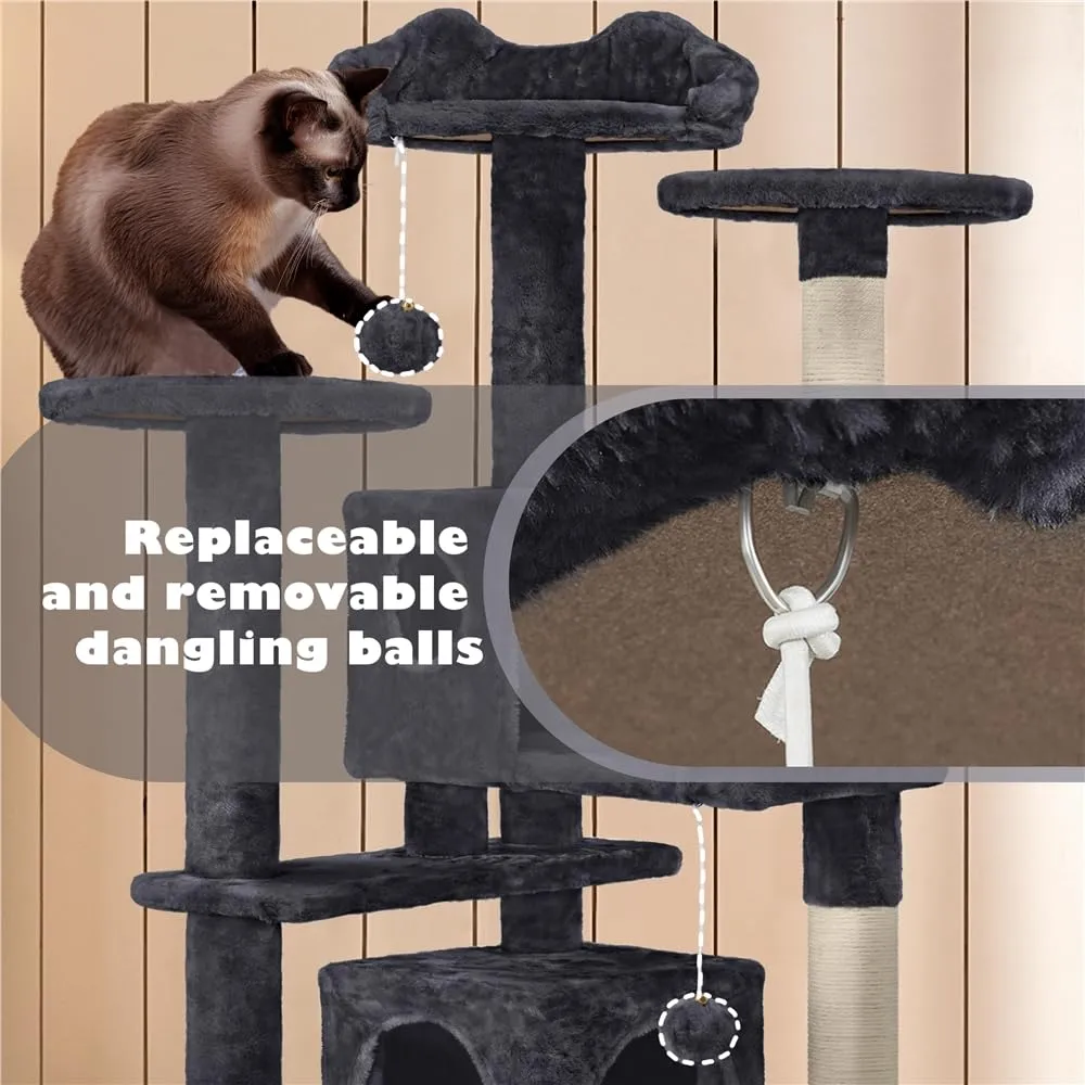 Yaheetech Albero Tiragraffi per Gatti 139 cm con 3 Pali Graffiatoi, 3 Posatoi, 2 Grotte e 2 Pompon in Peluche, Nero - immagine 7