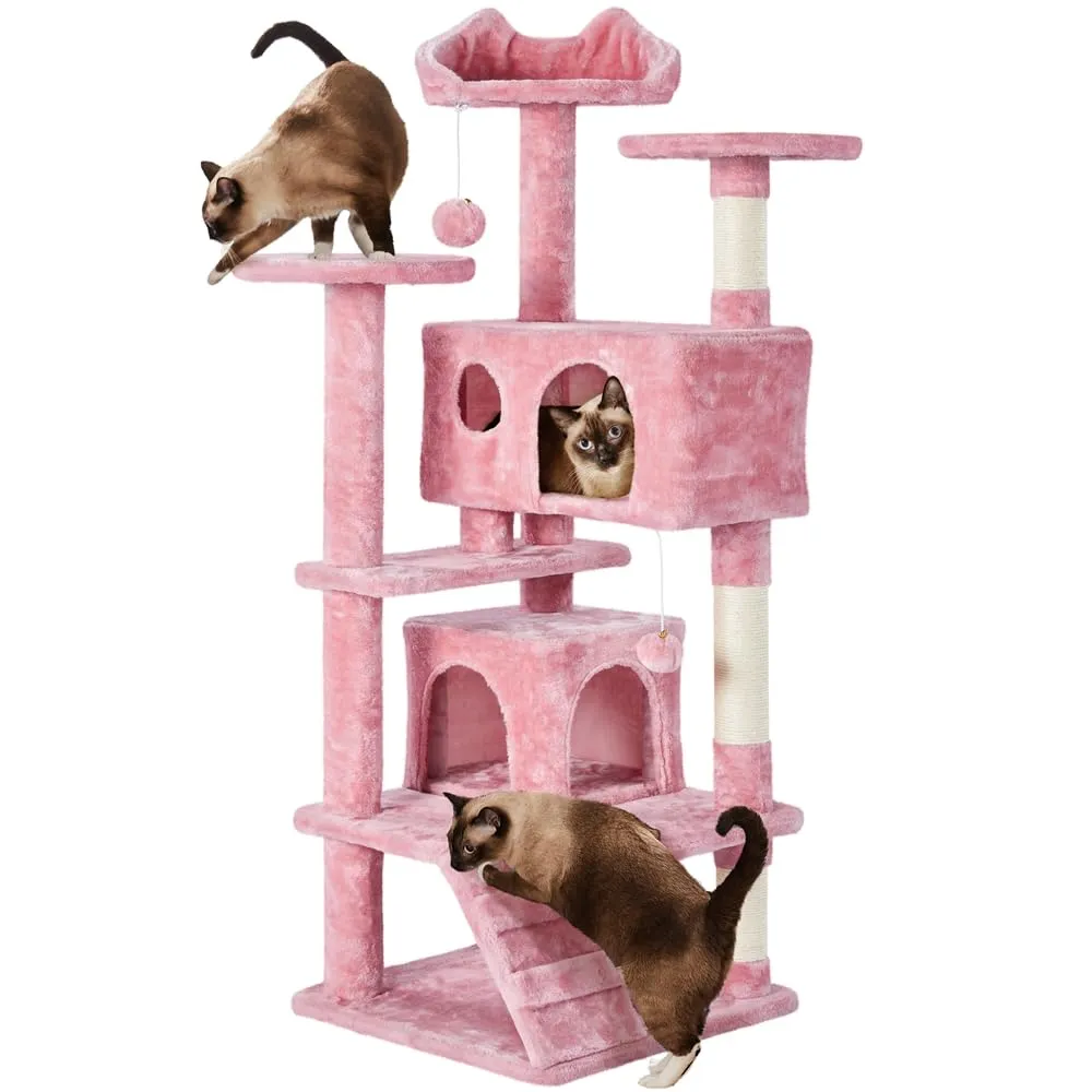 Yaheetech Albero Tiragraffi per Gatti 137 cm con 2 Palle in Sisal, Rosa - immagine 1