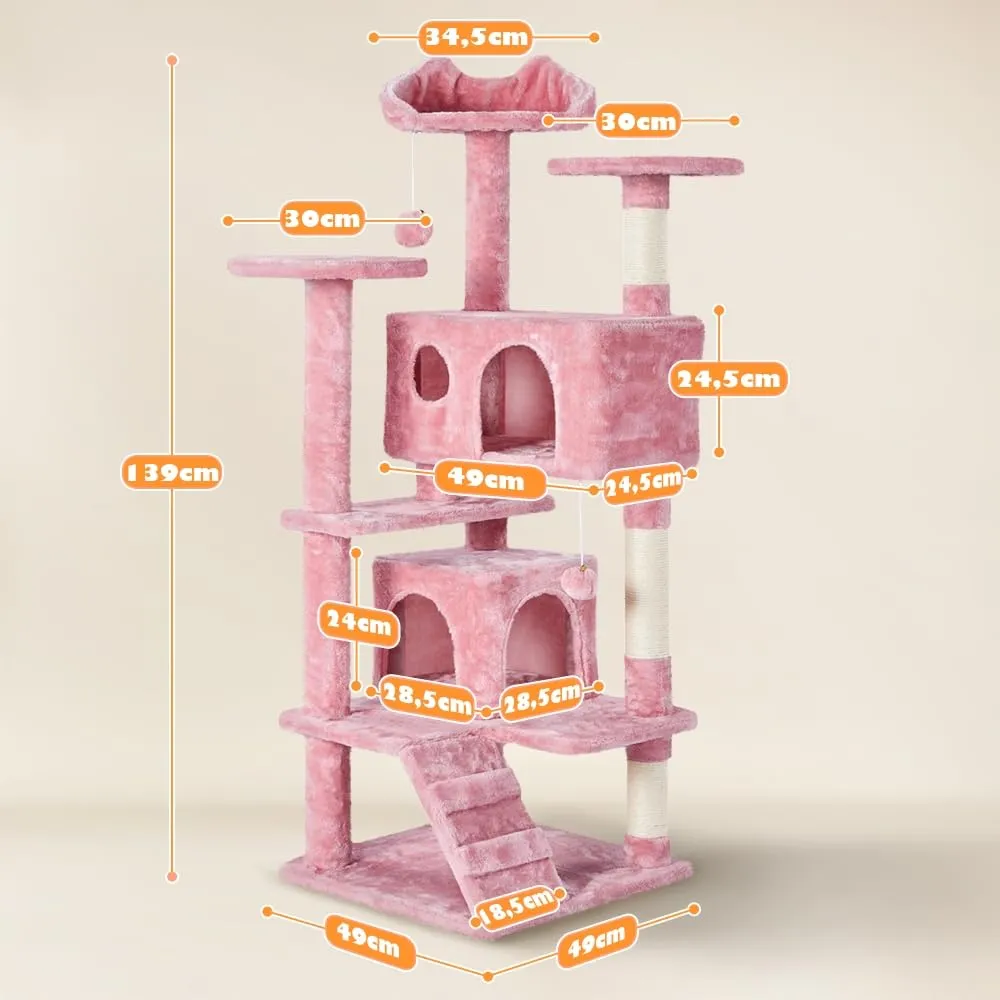 Yaheetech Albero Tiragraffi per Gatti 137 cm con 2 Palle in Sisal, Rosa - immagine 2